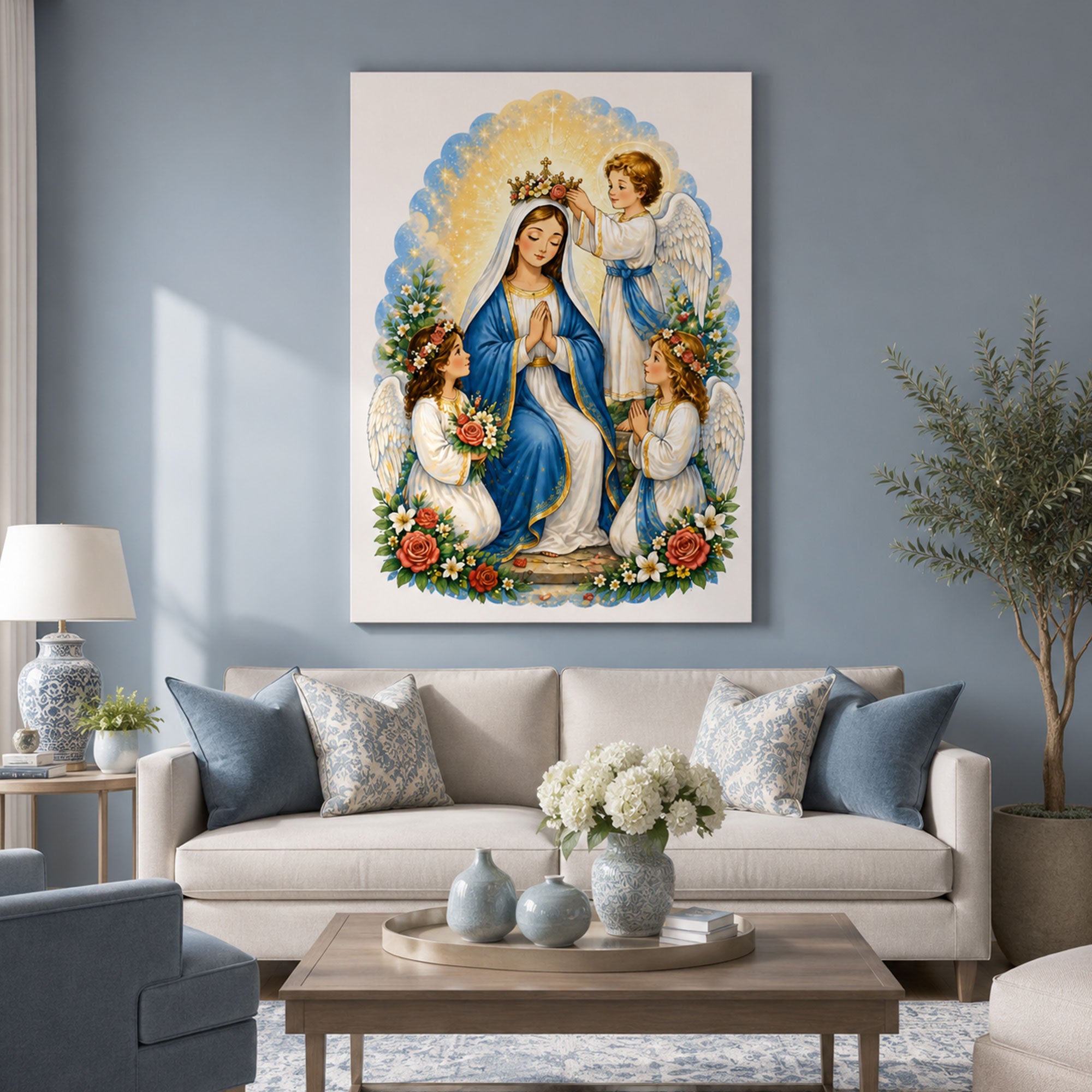 Coronation of the Blessed Virgin Canvas Print, Angelic Mary Christian Wall Art, Heavenly Catholic Faith Decor