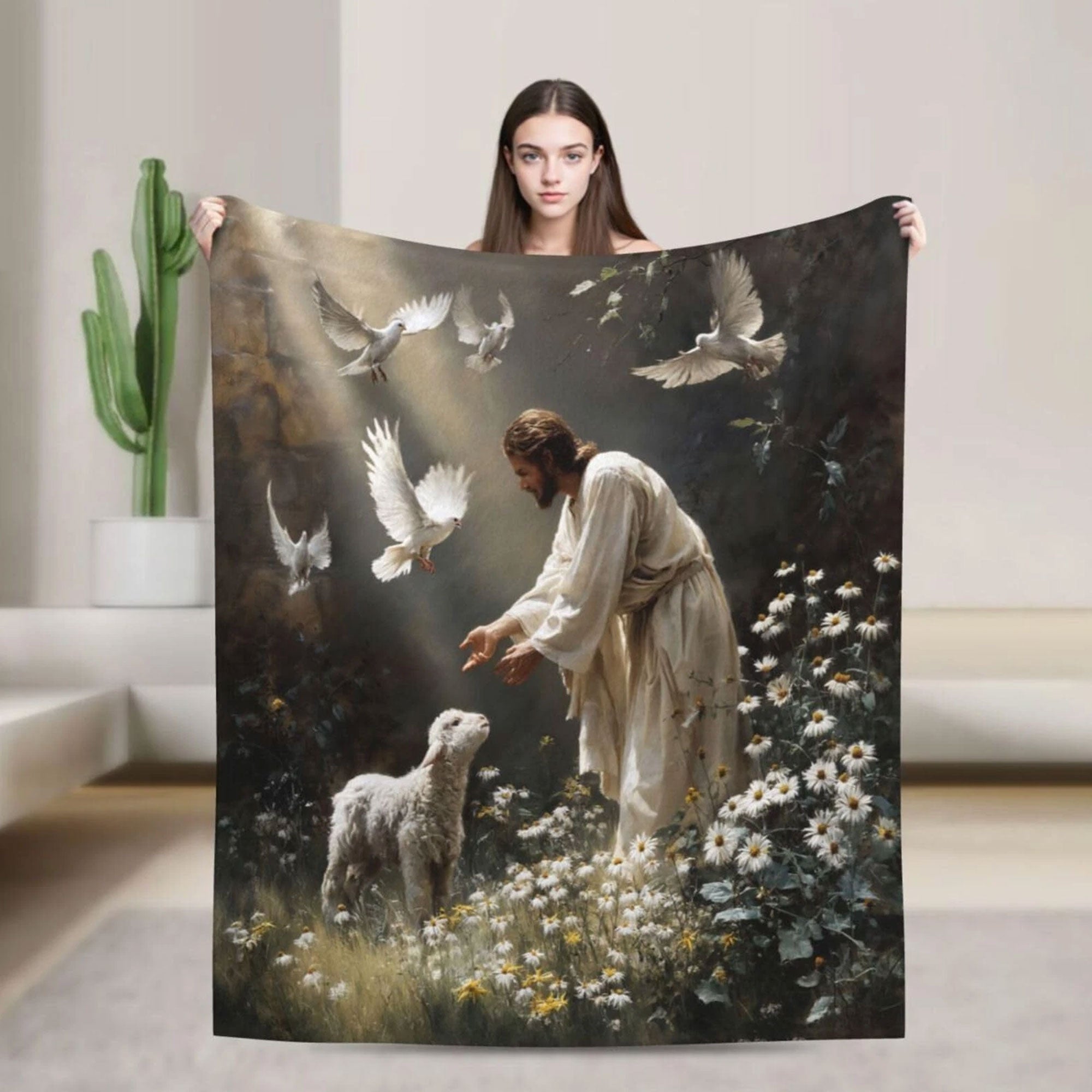 Jesus Lamb Fleece Blanket, Christian Jesus Throw, Soft Cozy Faith Blanket, Religious Gift, Christian Home Decor