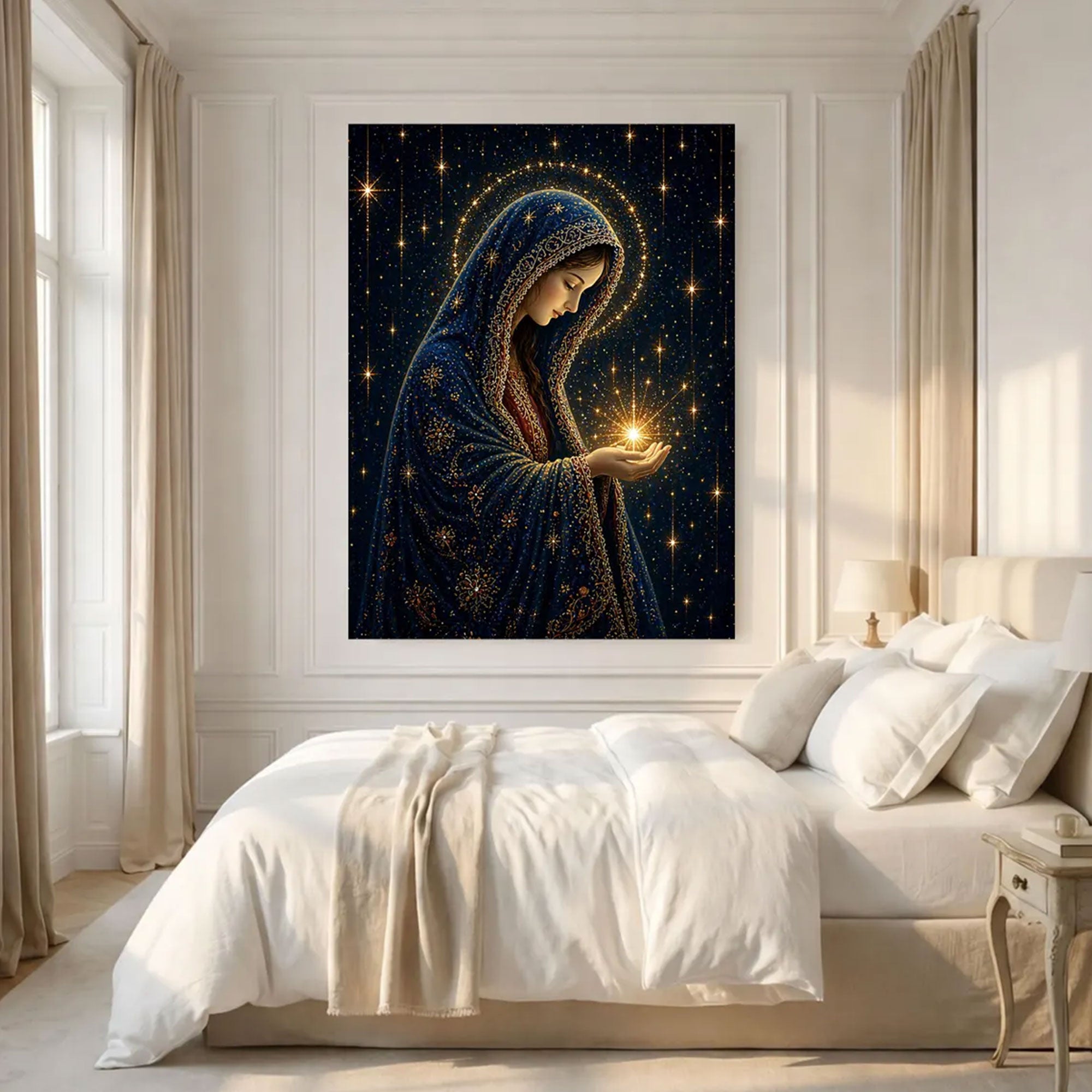 Virgin Mary Starry Night Canvas Print, Blessed Mother Under the Stars, Catholic Faith Decor, Serene Spiritual Artwork, Inspirational Gift