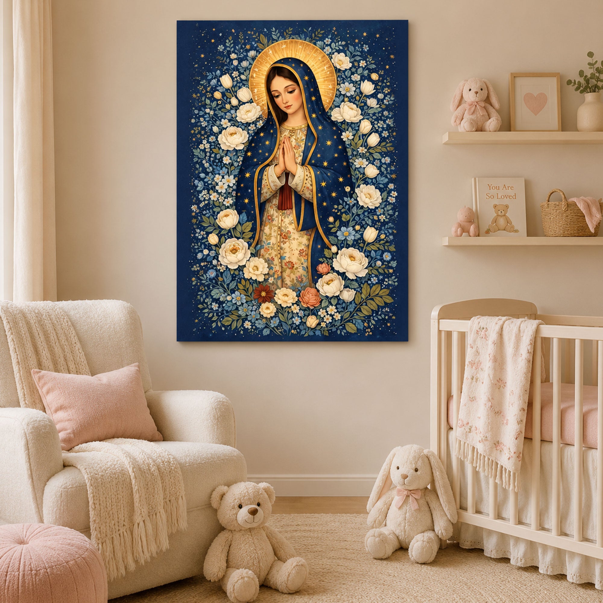 Floral Virgin Mary Canvas Print, Blessed Mother Christian Wall Art, Blue Catholic Faith Decor, Heavenly Floral Artwork