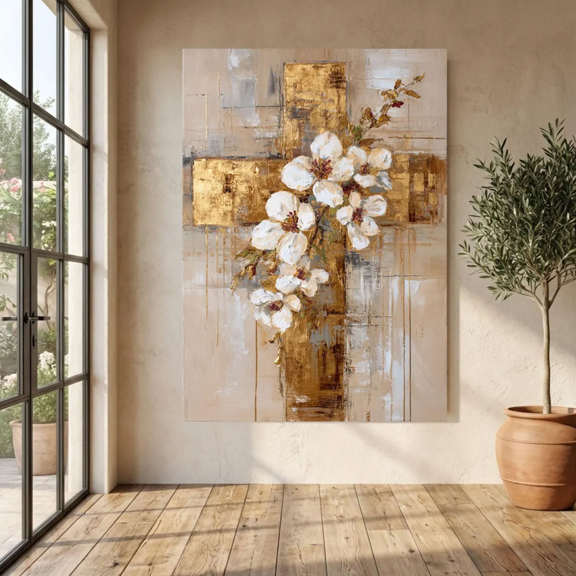 Elegant White Blossoms Canvas Print, Gold Cross Abstract Christian Wall Art, Floral Religious Decor, Modern Spiritual Home Gift
