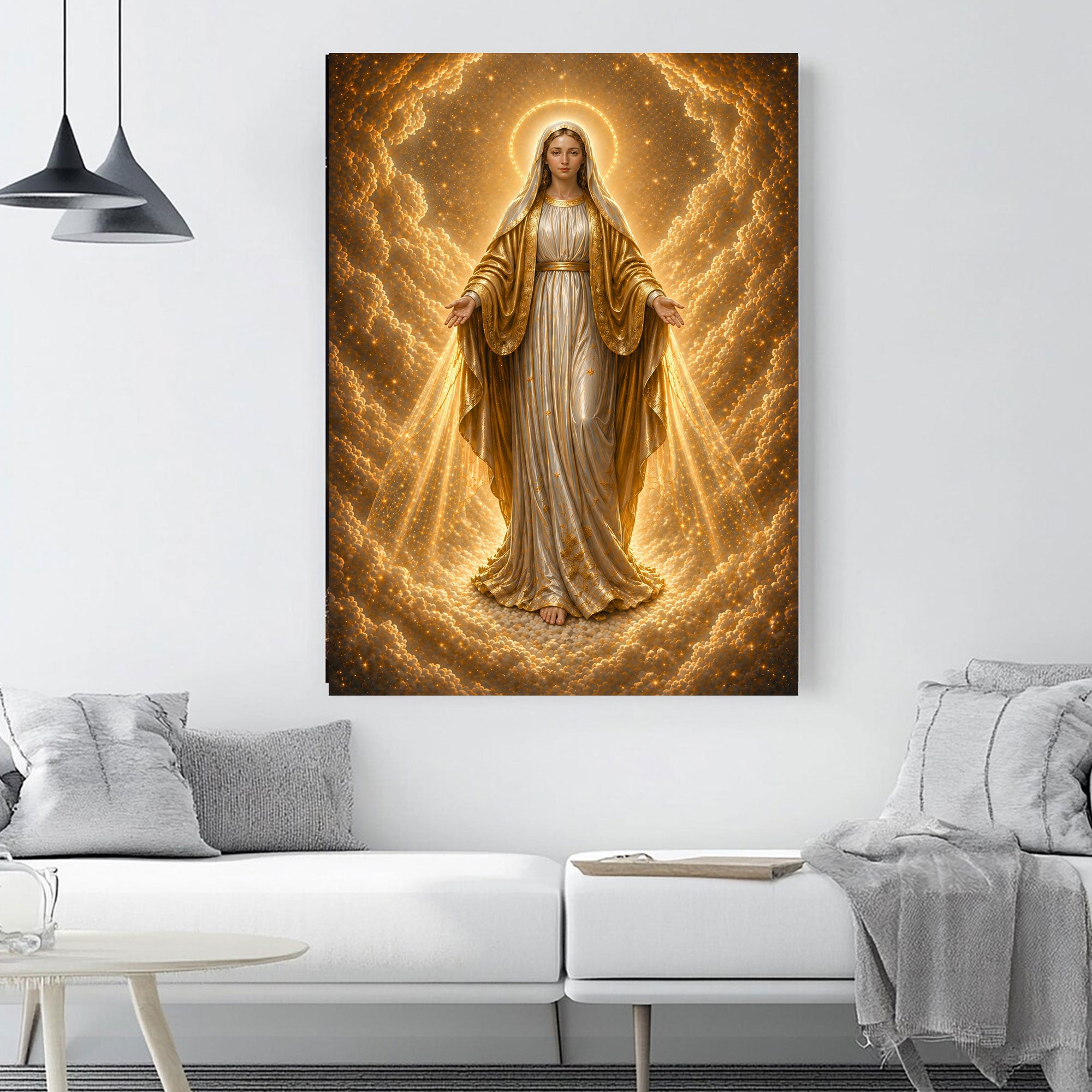 Our Lady of Heavenly Light Canvas Print, Radiant Virgin Mary Wall Art, Catholic Divine Grace Decor, Golden Sacred Artwork