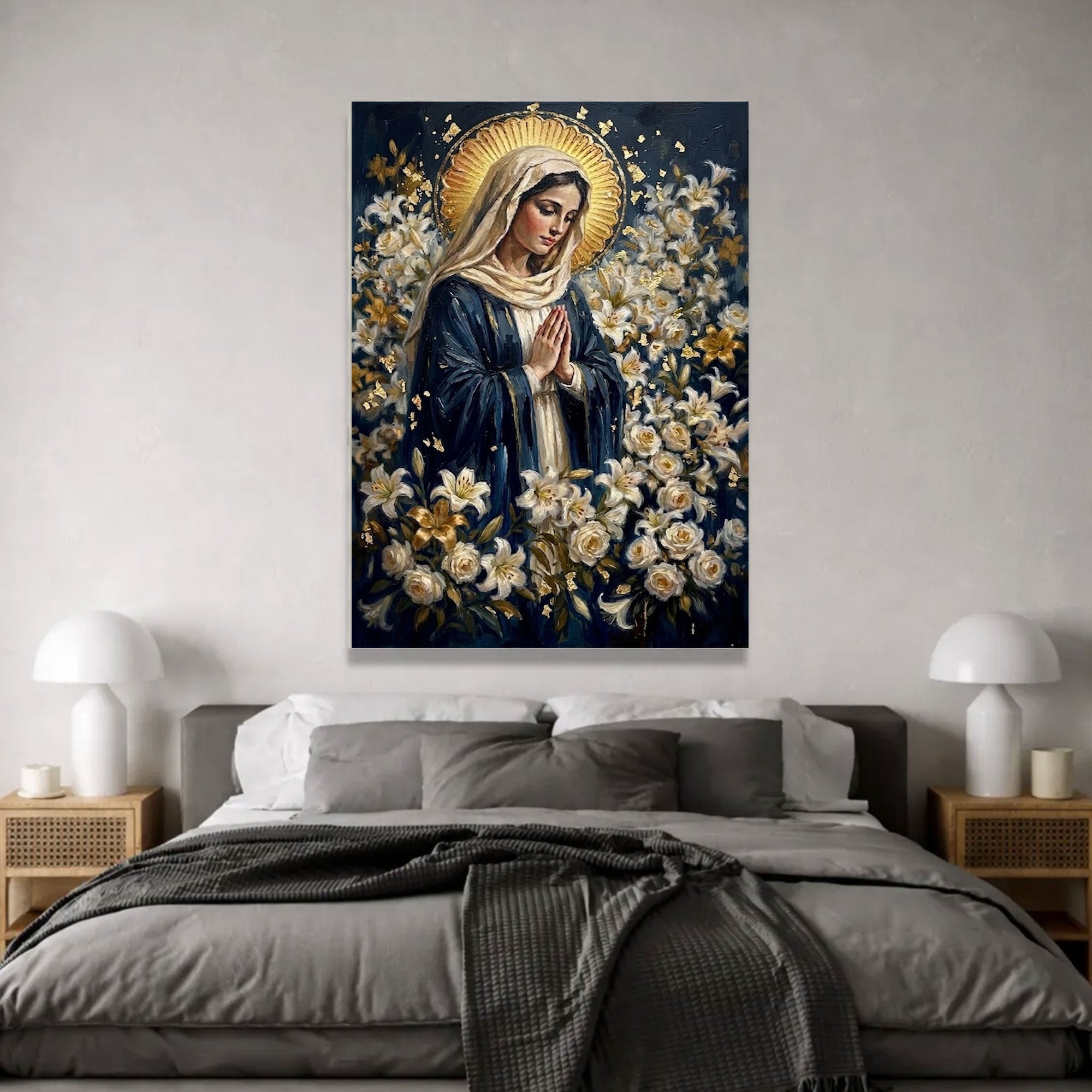 Madonna in Silent Prayer Canvas Print, Sacred Lily Garden Artwork, A Devotional Expression of Grace and Purity