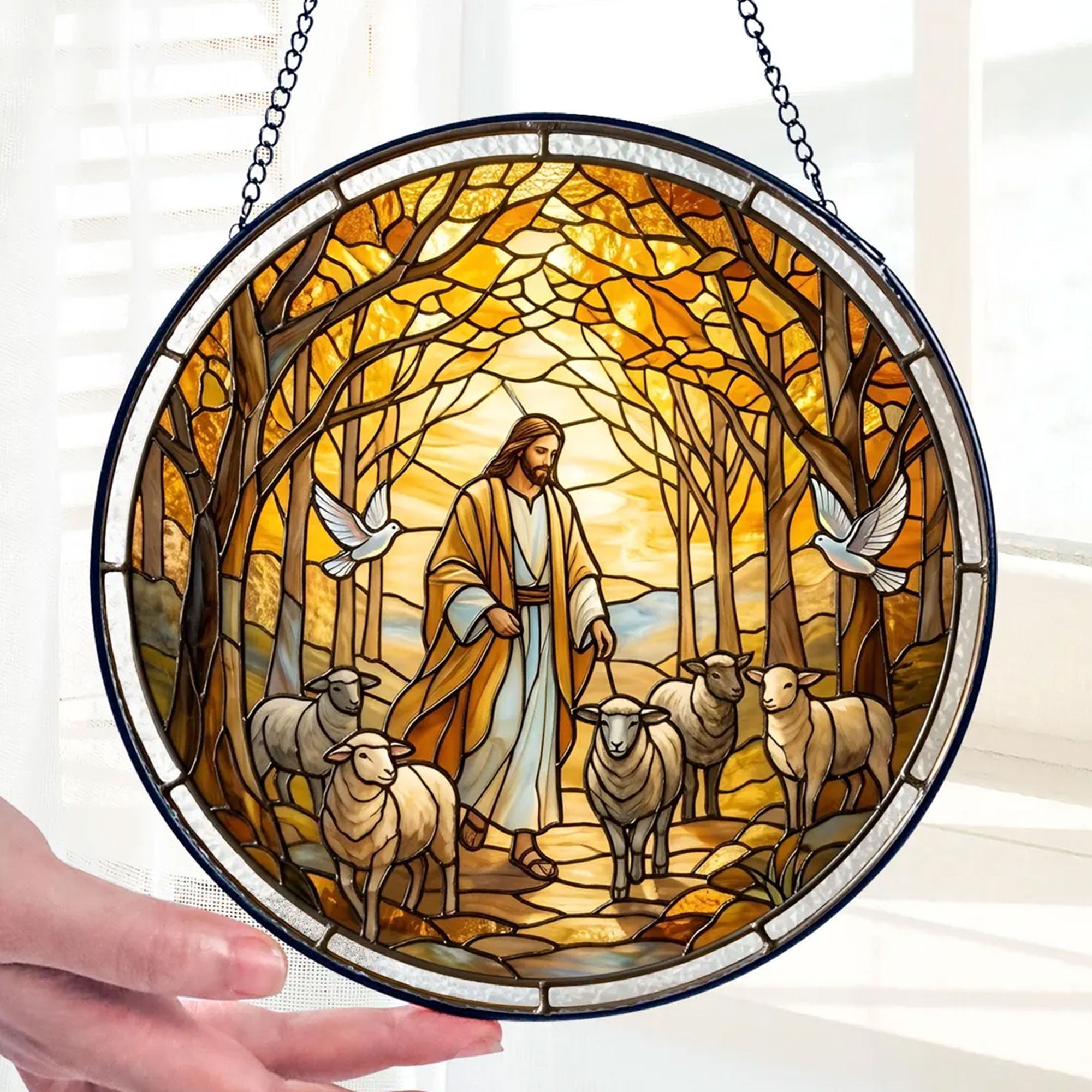 Jesus Good Shepherd Stained Glass Suncatcher, Christian Window Hanging Decor, Religious Faith Gift, Christ Wall Art