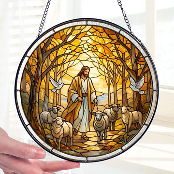 Jesus Good Shepherd Stained Glass Suncatcher, Christian Window Hanging Decor, Religious Faith Gift, Christ Wall Art