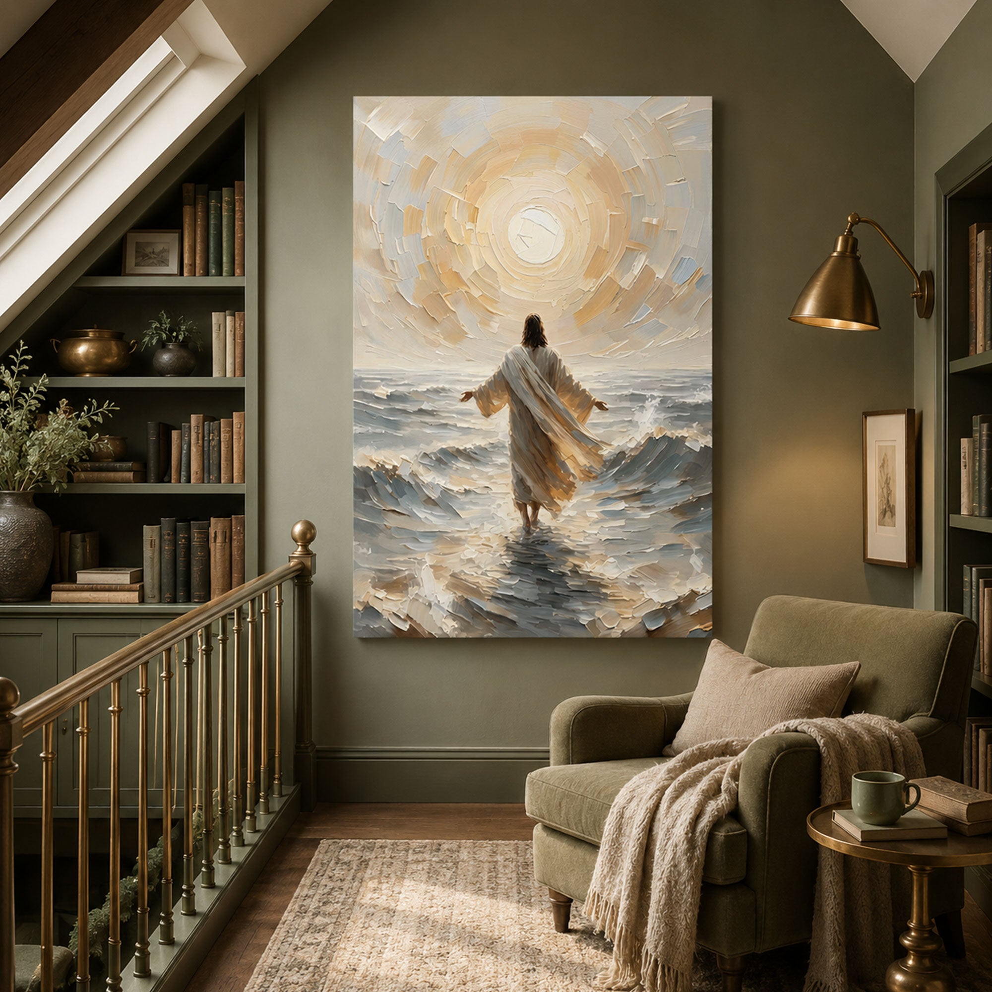 Jesus Walking Through the Waves Canvas Art, Divine Light Christian Wall Decor, Ocean Faith Spiritual Artwork