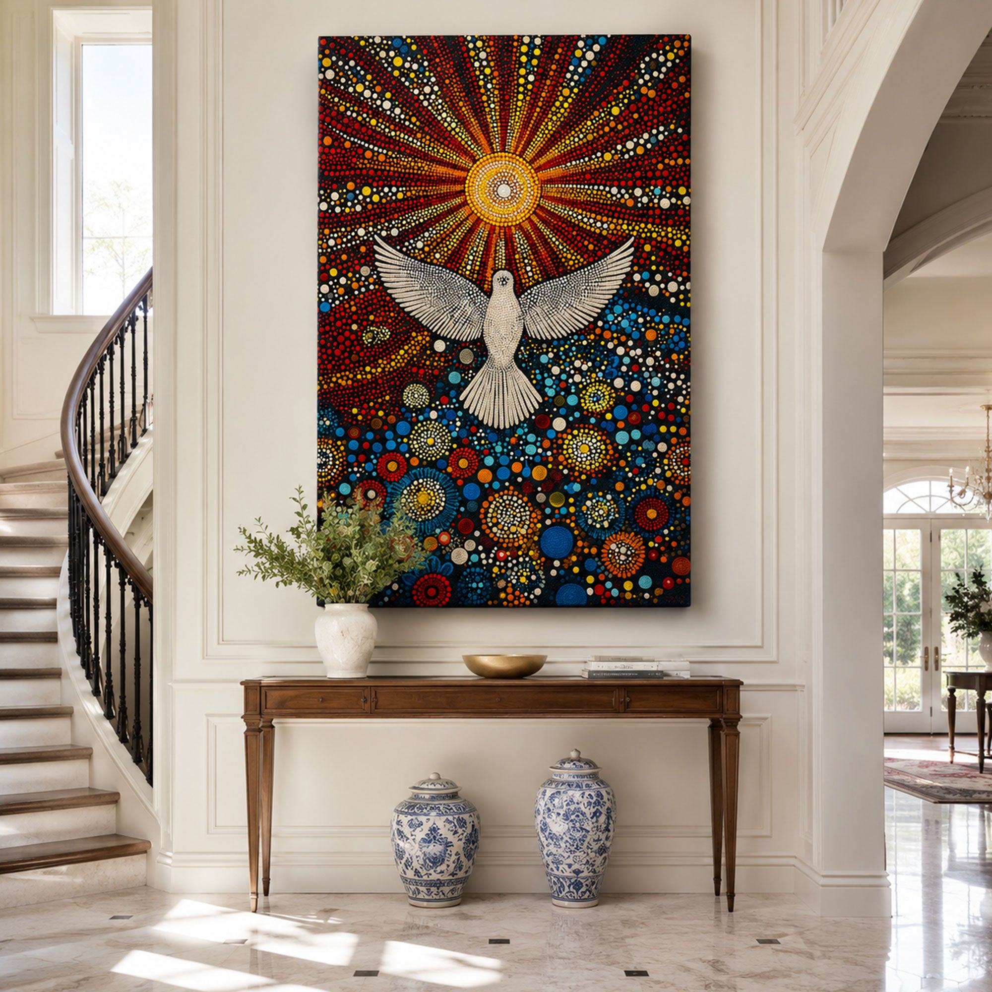 Trinity Sunday Throne of Grace Framed Canvas Print, Holy Spirit Dove and Radiant Sun Christian Wall Art for Church and Faith Home