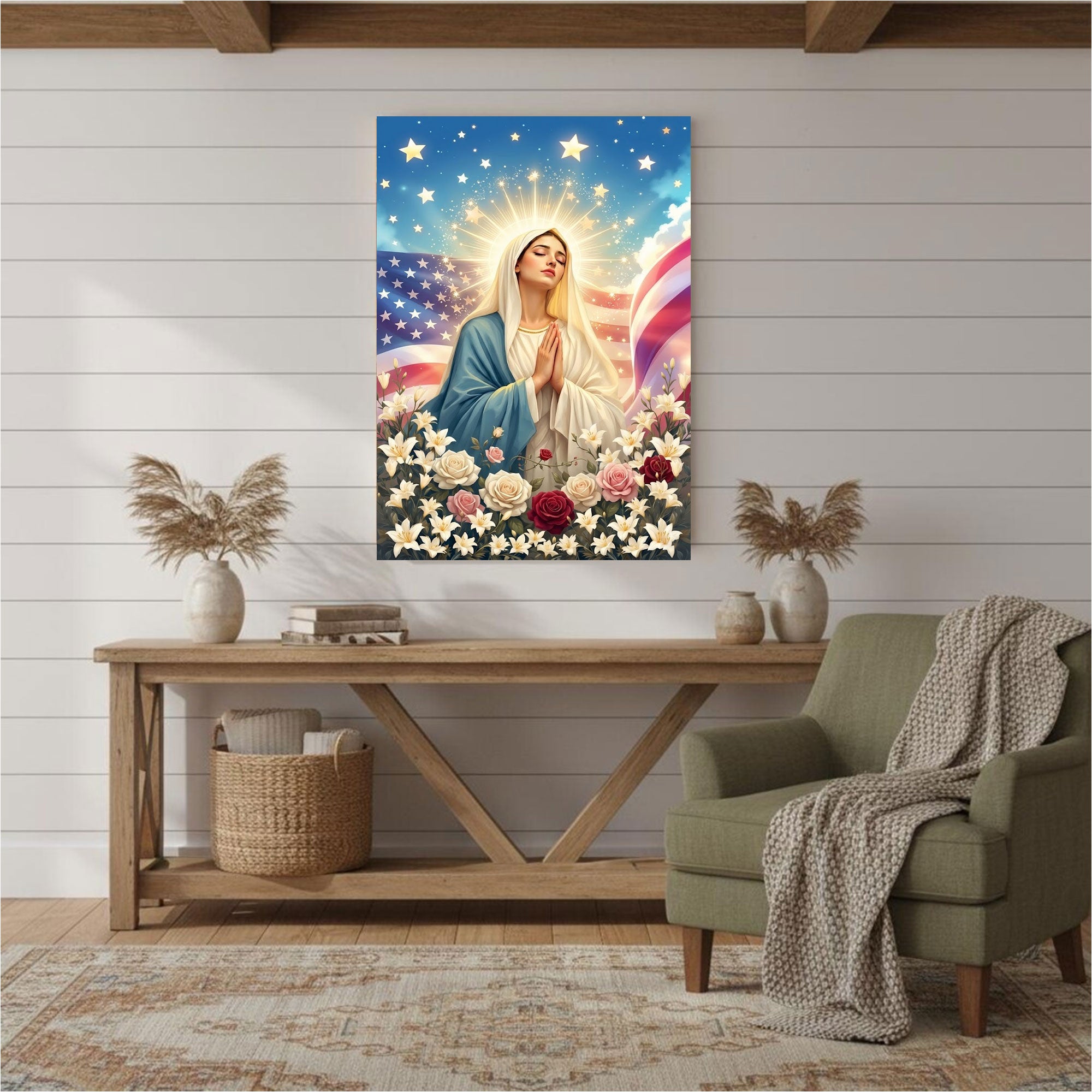 Virgin Mary Prayer Canvas Print, Blessed Mother Wall Art, Faith and Protection Artwork, Patriotic Christian Decor, Inspirational Spiritual Gift