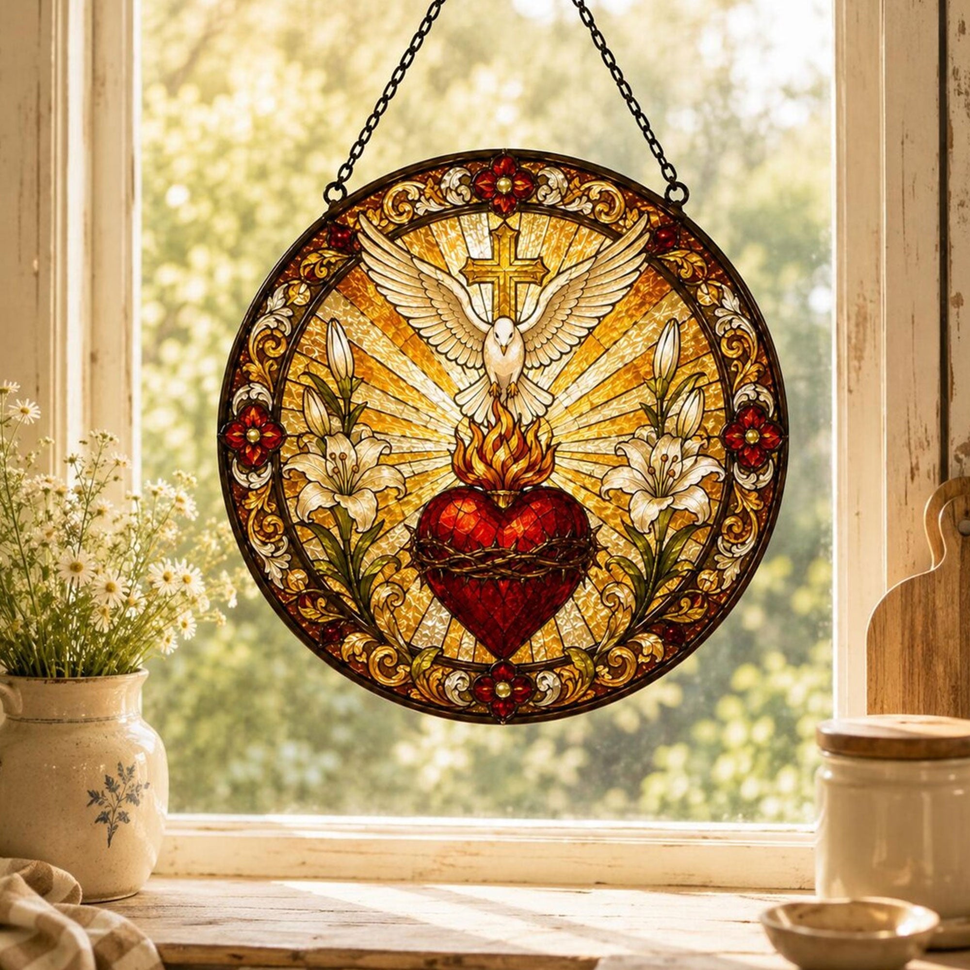 Sacred Heart and Holy Spirit Dove Stained Glass Suncatcher, Catholic Window Hanging, Christian Faith Gift