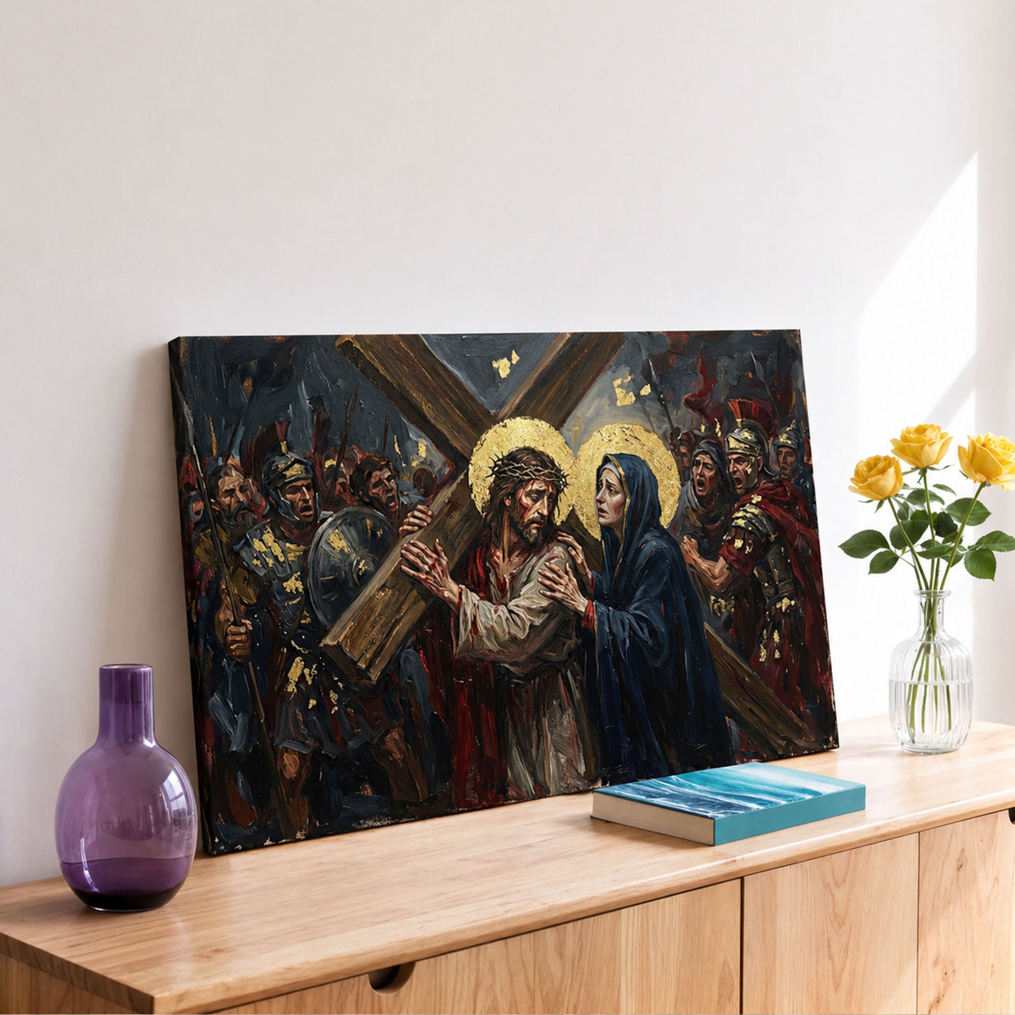 Jesus Carrying the Cross Canvas Print, Christ Meets His Mother, A Powerful Moment of Sacrifice, Love, and Redemption