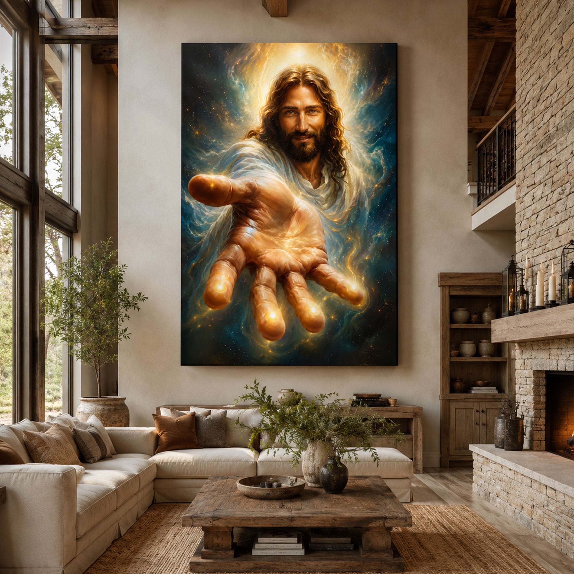 Heavenly Jesus Reaching Hand Canvas Print, Glowing Divine Light Christian Wall Art, Spiritual Galaxy Faith Decor