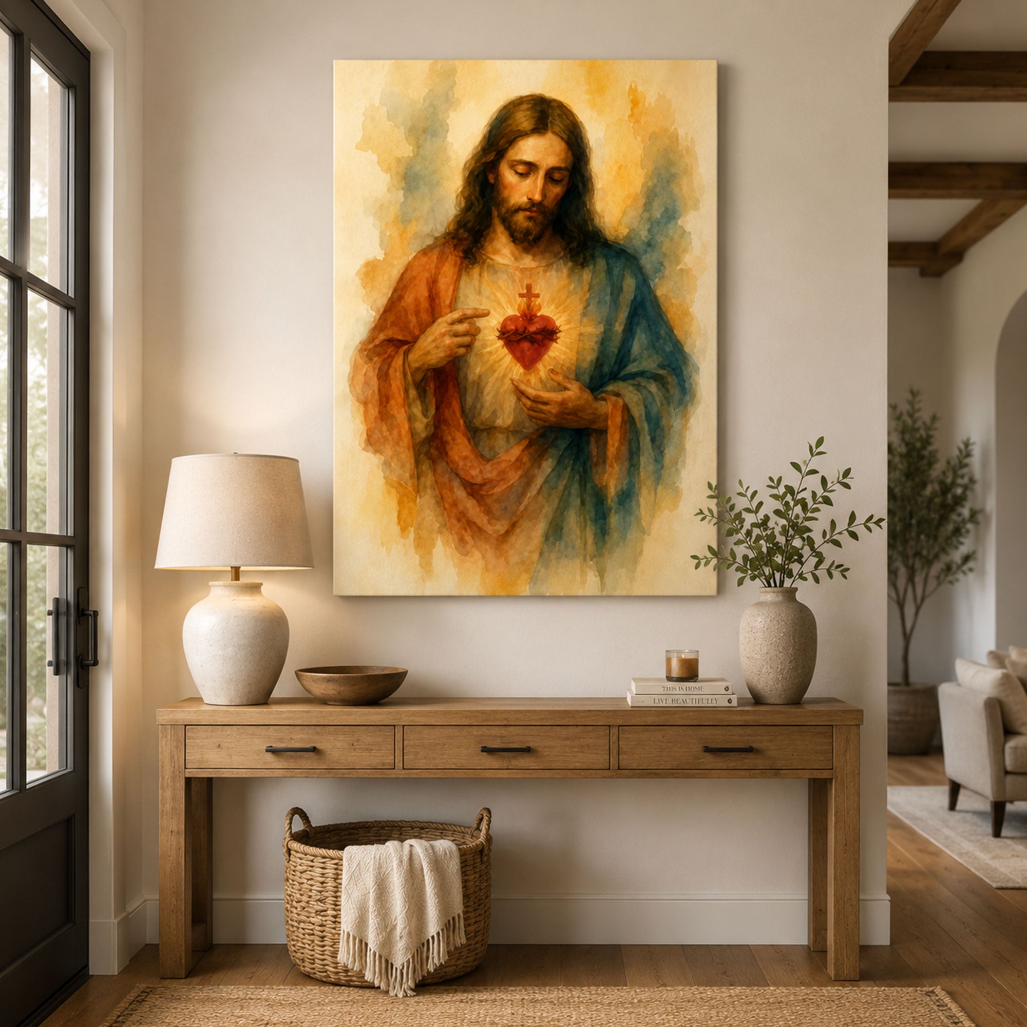 Sacred Heart of Jesus Watercolor Canvas Print, Christian Catholic Wall Art, Devotional Faith Home Decor
