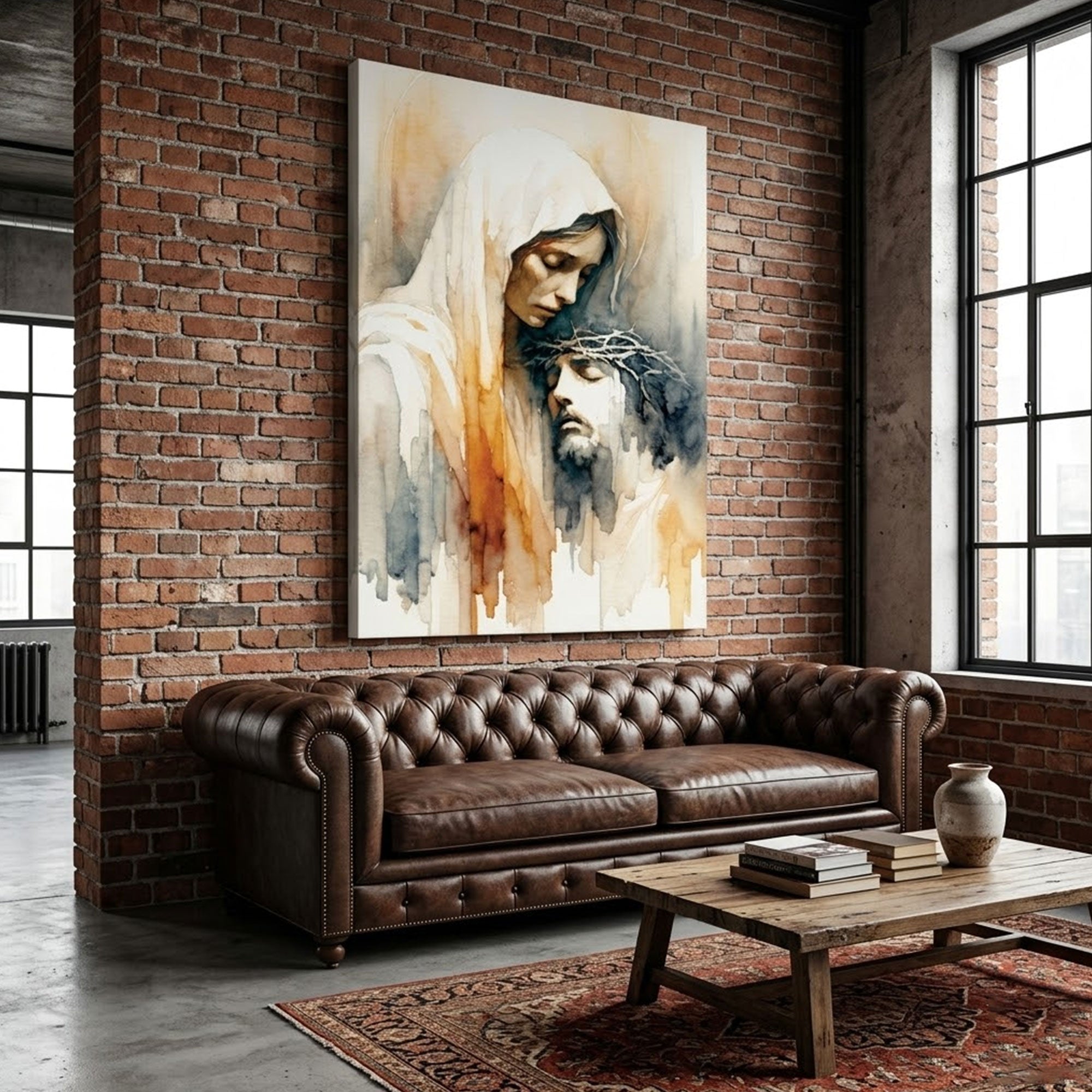 Mother Mary and Jesus Watercolor Canvas Print, Minimalist Christian Wall Art, Faith Inspired Home Decor