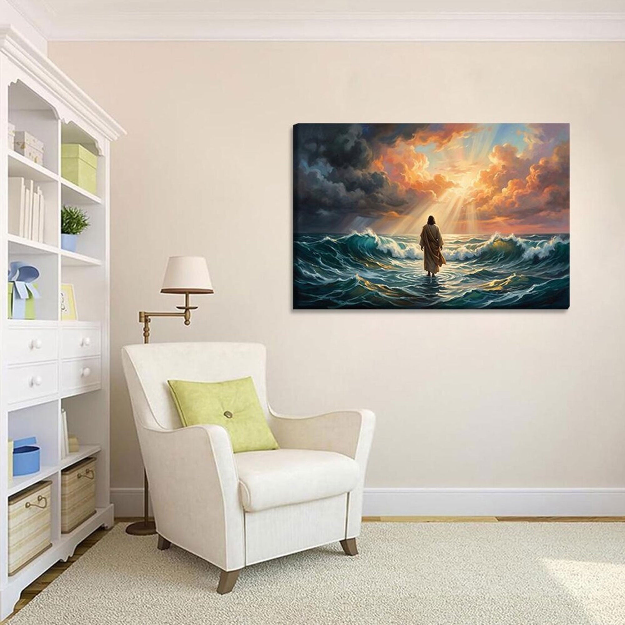 Jesus Walking on Water Canvas Wall Art, Christian Faith Ocean Miracle Decor, Inspirational Religious Artwork