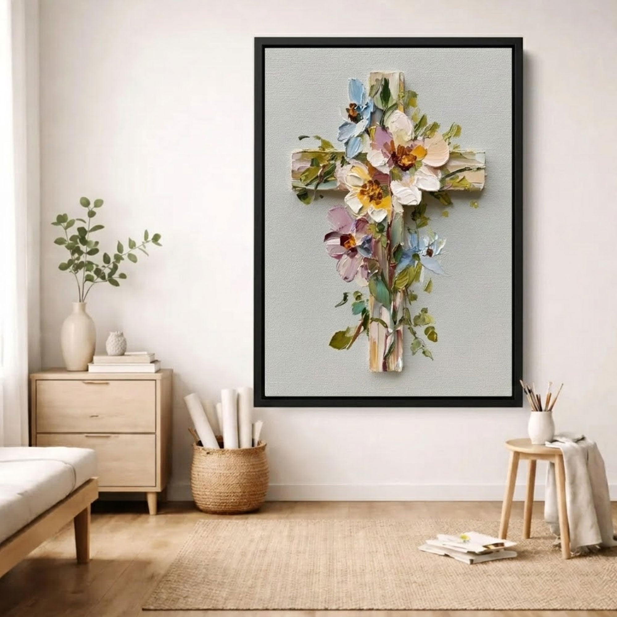 Floral Cross Canvas Print, Rustic Christian Wall Art, Flower Cross Religious Decor, Spiritual Home Decoration, Inspirational Faith Gift