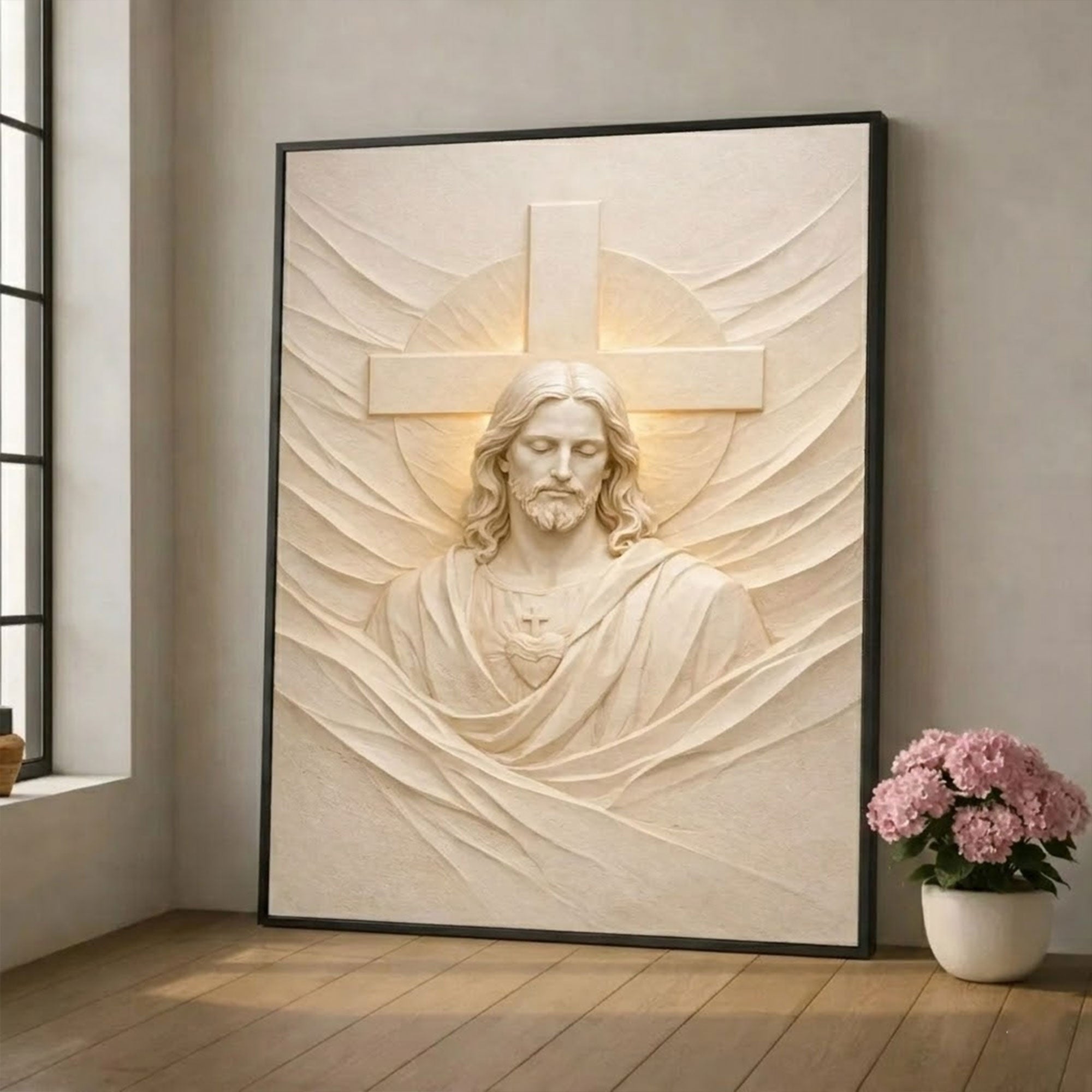 Sacred Heart of Jesus Canvas Print, Christian Religious Relief Sculpture Wall Art, Spiritual Home Decor, Inspirational Faith Gift, Devotional Artwork
