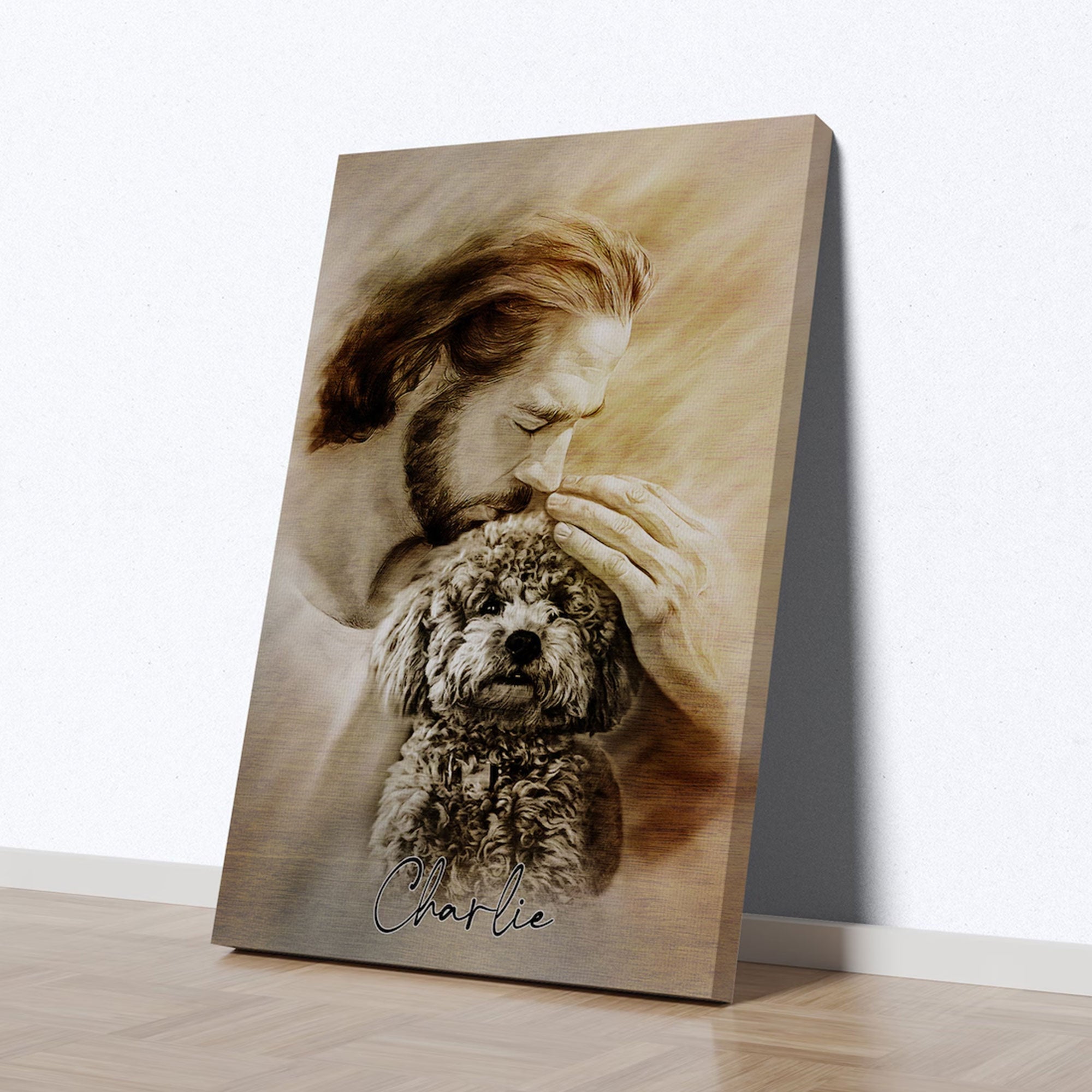 Personalized Jesus and Dog Memorial Canvas, Custom Pet Portrait, Sympathy Gift for Dog Loss