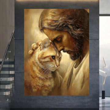 Jesus with Cat Canvas Wall Art, Christian Pet Lover Decor, Spiritual Faith Home Gift