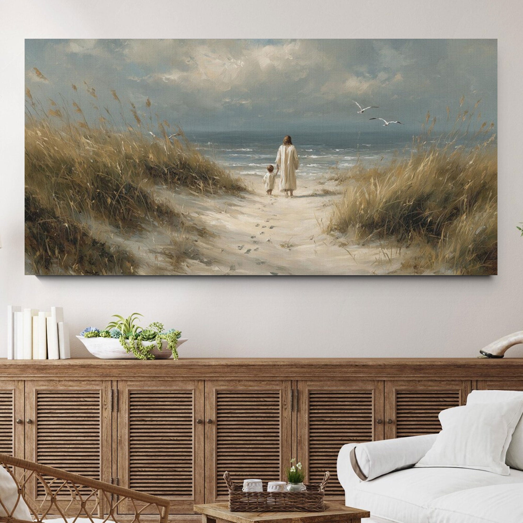 Jesus and Child Beach Canvas Print, Christian Coastal Wall Art, Faith Family Decor, Biblical Gift