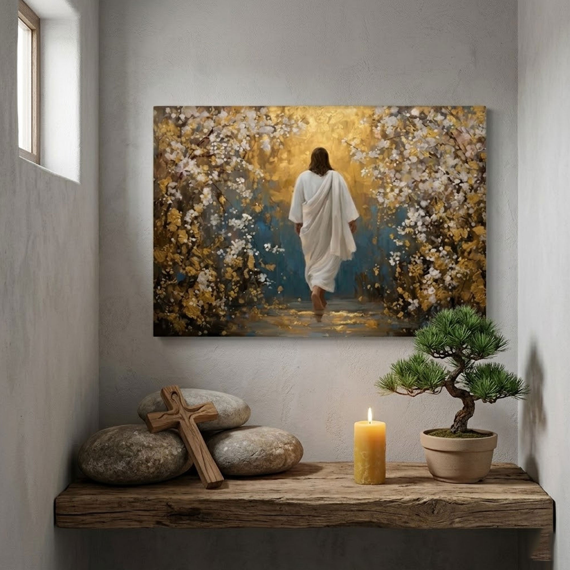 Walking Into His Peace Canvas Print, Jesus in the Garden Christian Wall Art, Warm Golden Faith Decor
