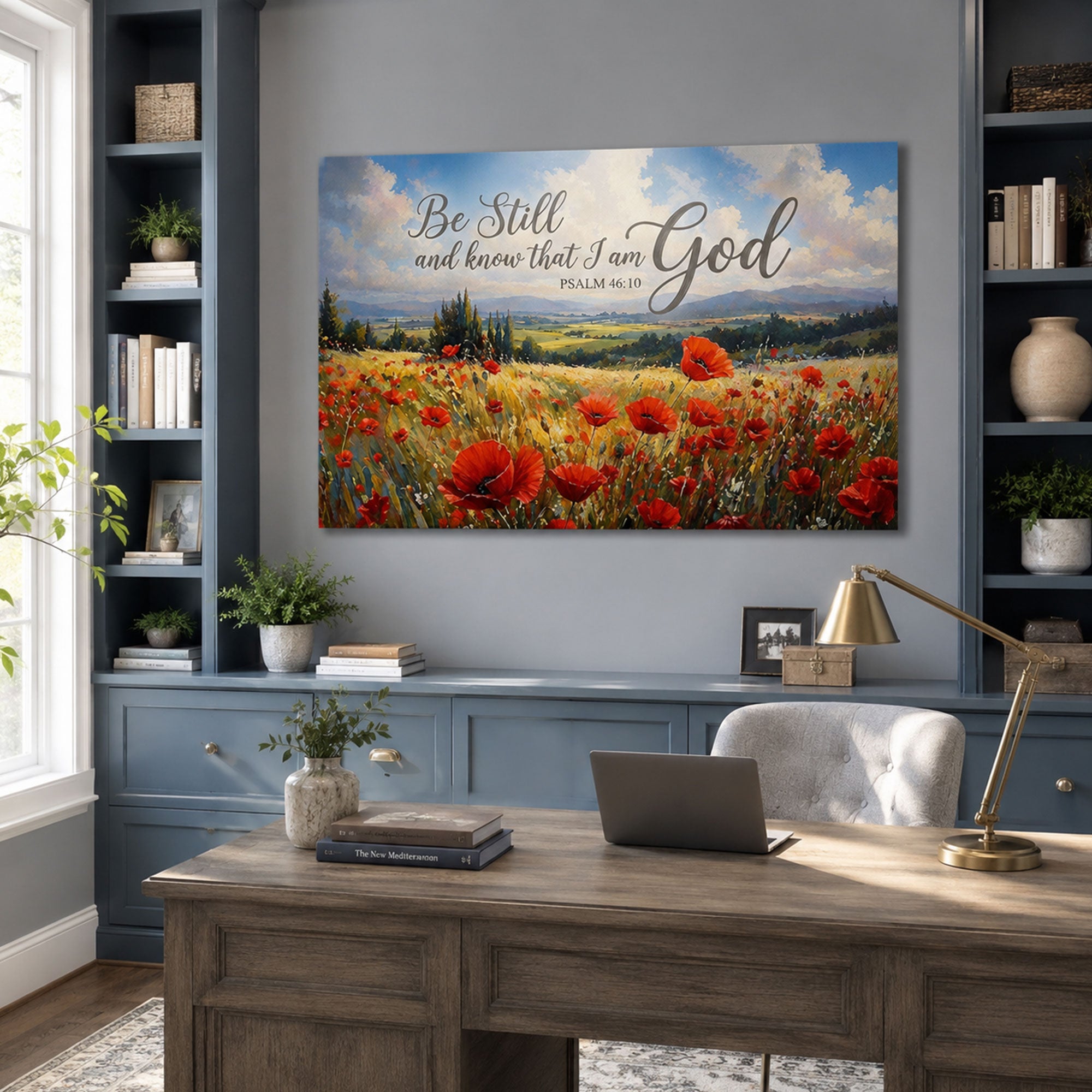 “Be Still and Know That I Am God” Psalm Canvas Print, Jesus in Poppy Field Wall Art, Christian Faith Decor