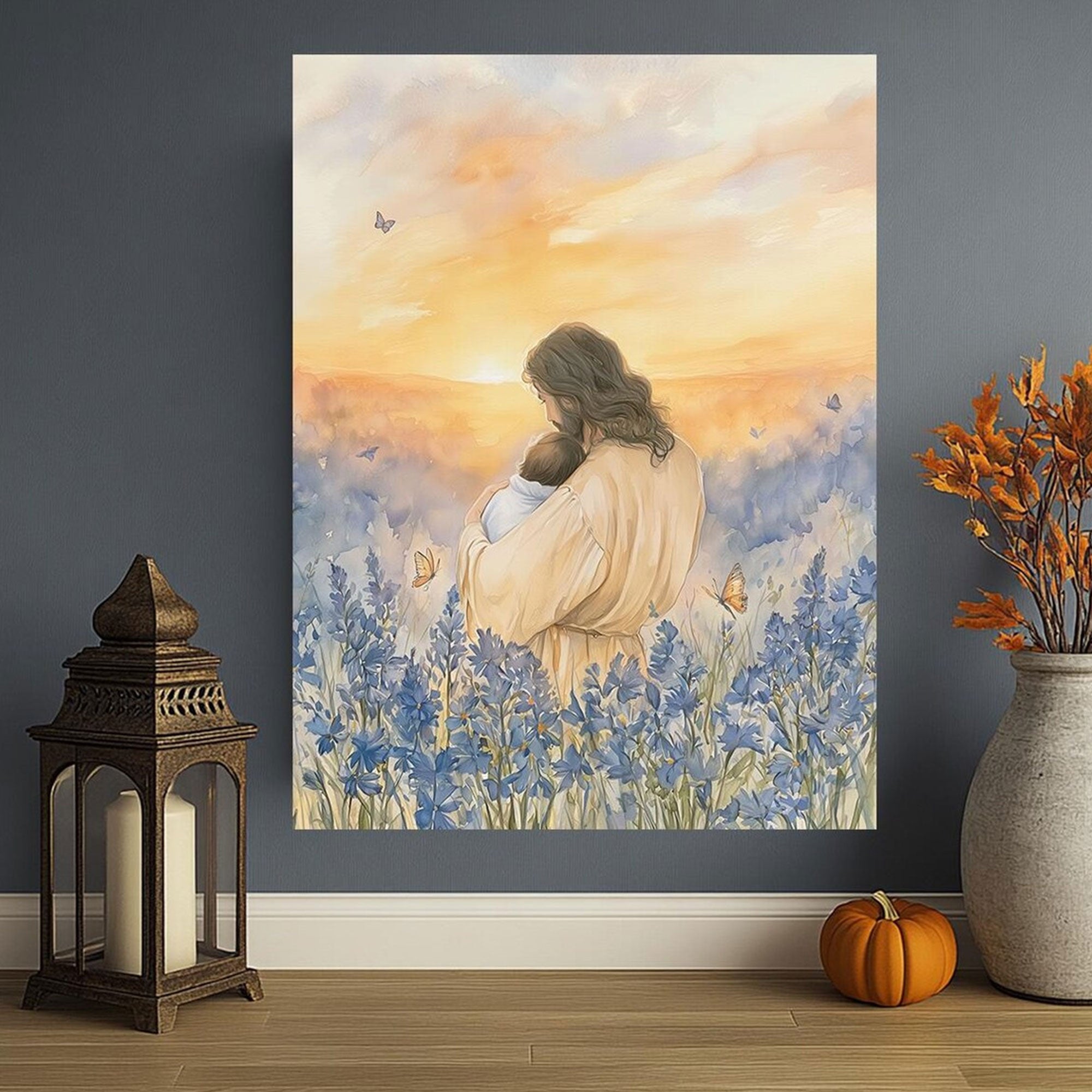 Jesus Holding Baby Among Blue Flowers Canvas, Christian Comfort Wall Art, Peaceful Faith Painting, Gentle Memorial Gift