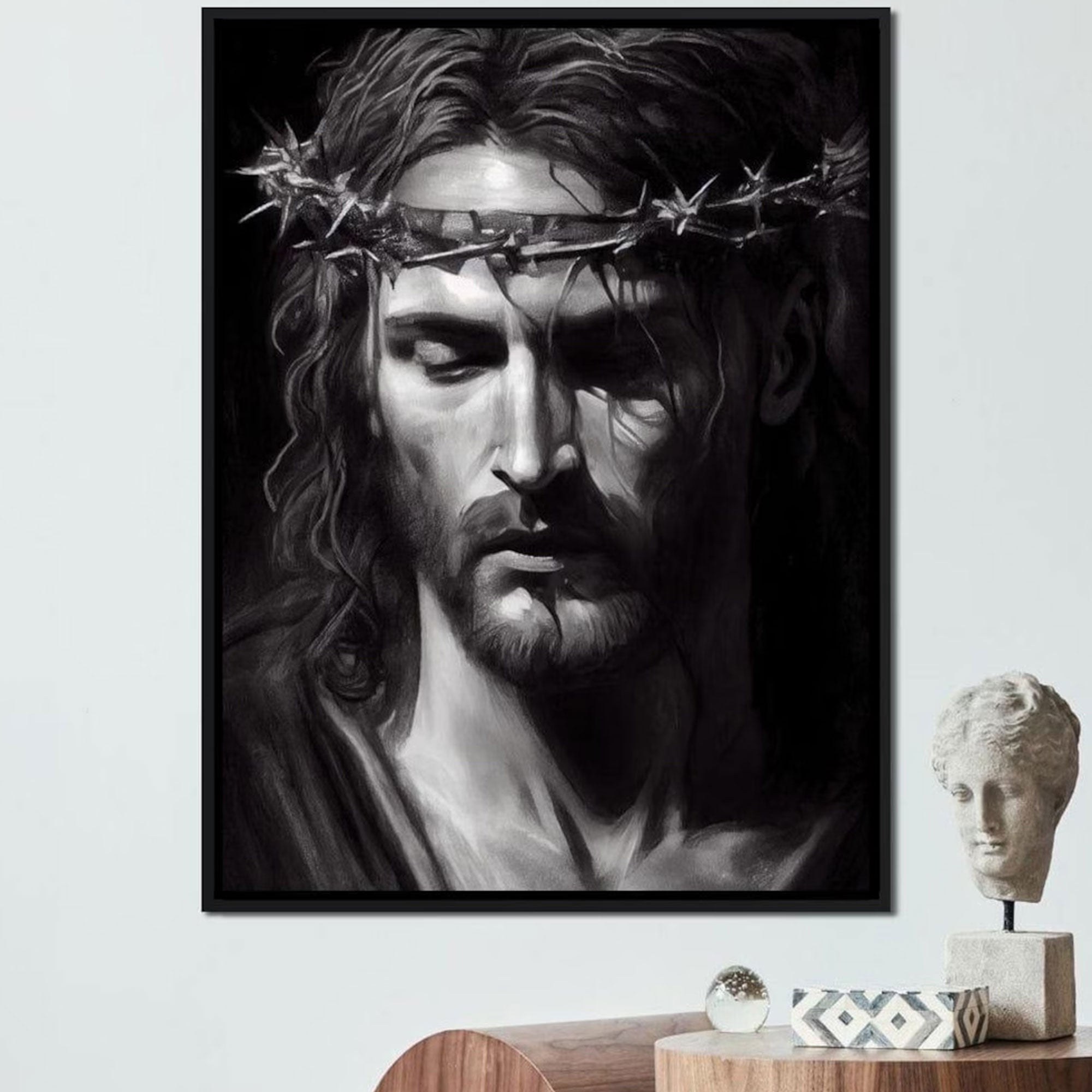 Black & White Jesus Portrait Canvas Print, Crown of Thorns Christian Wall Art, Minimalist Religious Decor