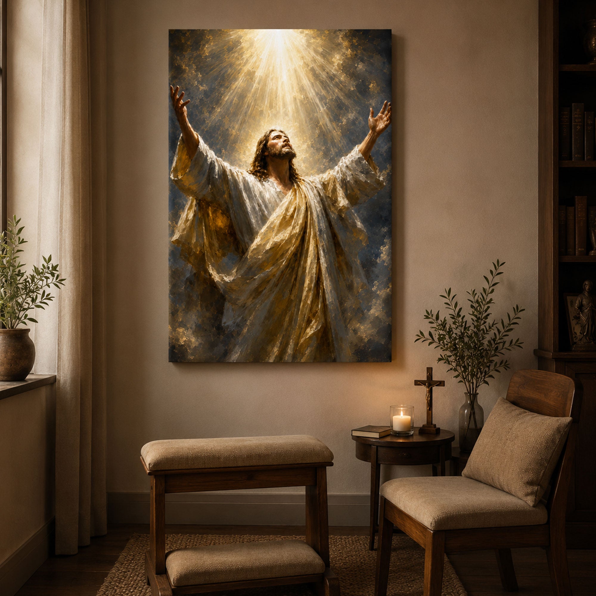 Jesus in Heavenly Light Canvas Print, Christian Worship Wall Art, Faith Home Decor