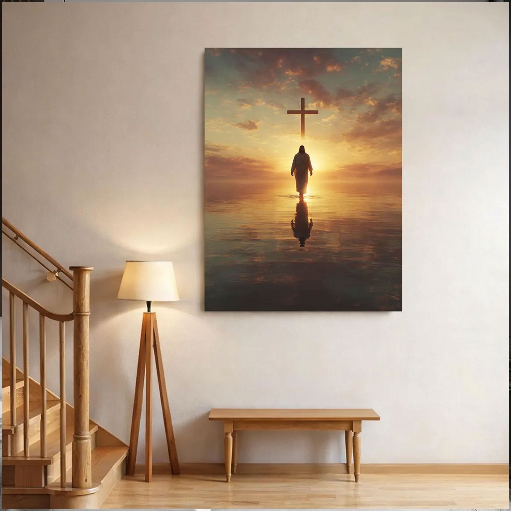 Jesus Walking on Water Canvas Art, Sunrise Cross Christian Faith Decor, Spiritual Reflection Wall Artwork