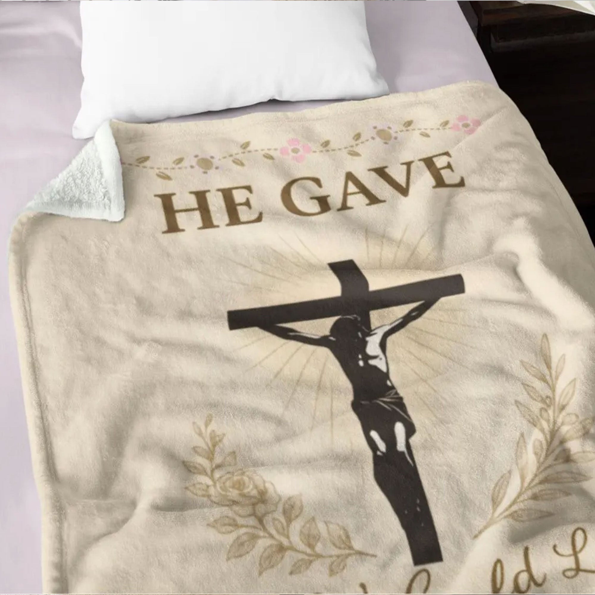 Christian Fleece Blanket, Jesus Crucifixion Throw, He Gave So We Could Live Scripture Blanket, Faith Gift for Mom, Grandma, Bible Verse Gift
