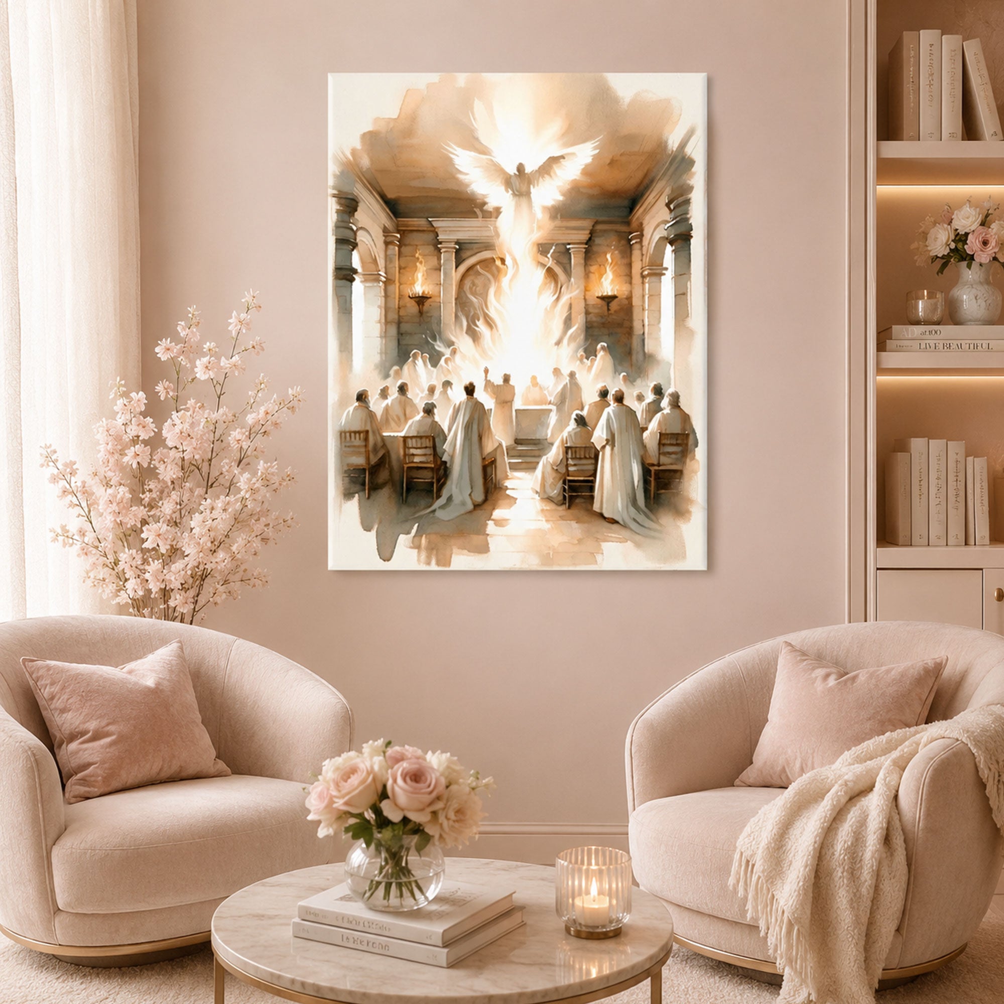 Pentecost Holy Spirit Canvas Print, Dove of Fire Christian Wall Art, Sacred Church Gathering Faith Decor