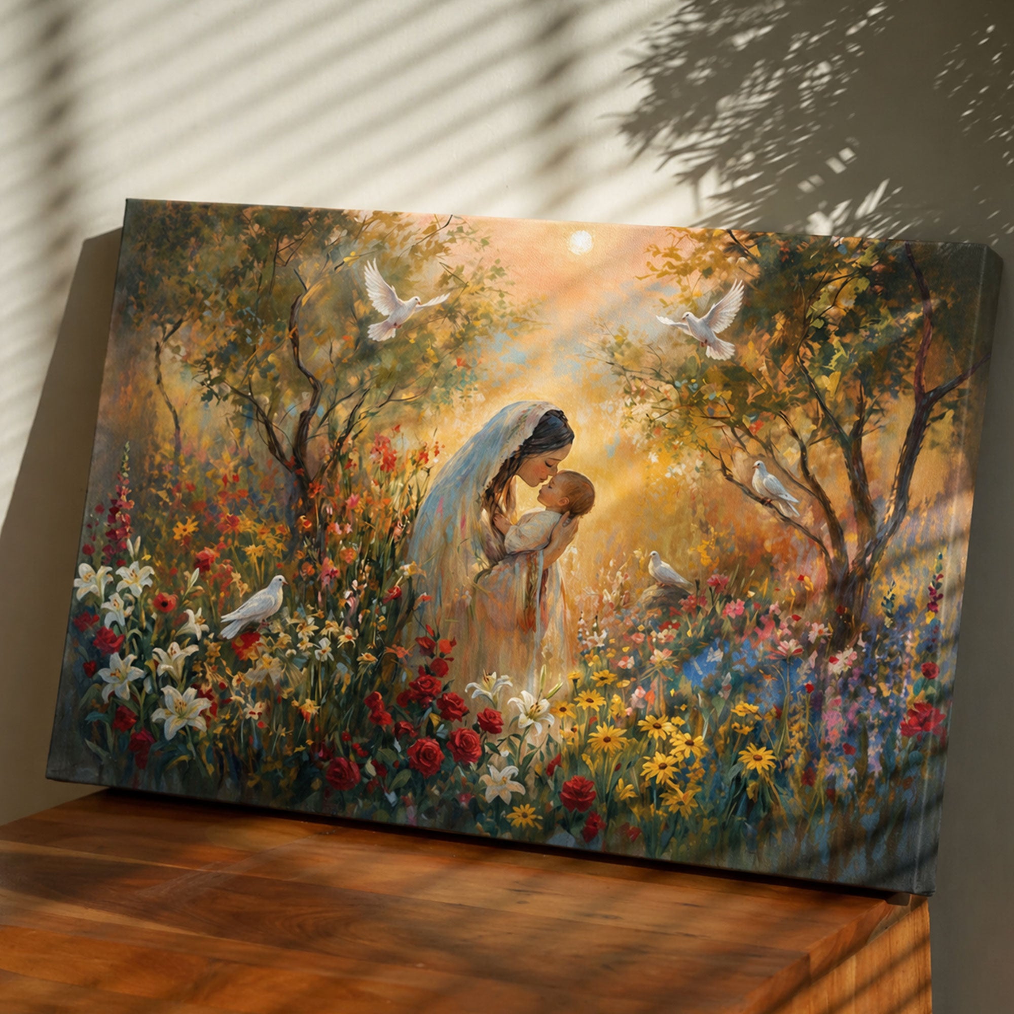 Madonna and Child in Bloom Canvas Print, Virgin Mary with Baby Jesus, A Tender Expression of Love, Peace, and Divine Grace