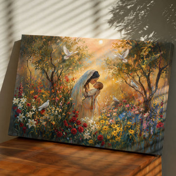Madonna and Child in Bloom Canvas Print, Virgin Mary with Baby Jesus, A Tender Expression of Love, Peace, and Divine Grace
