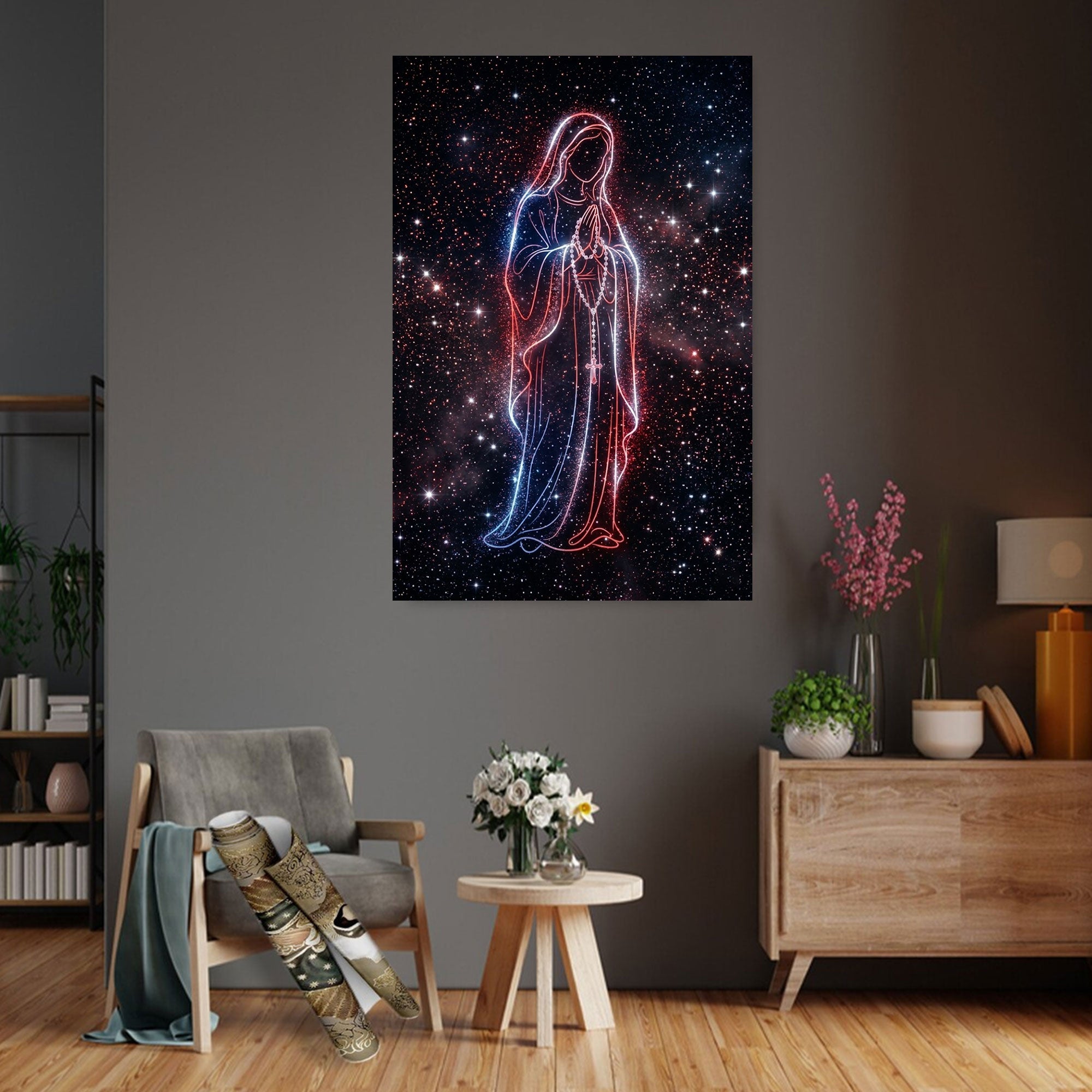Patriotic Virgin Mary Canvas Print, Red White Blue Madonna Wall Art, American Faith Decor, Modern Christian Artwork