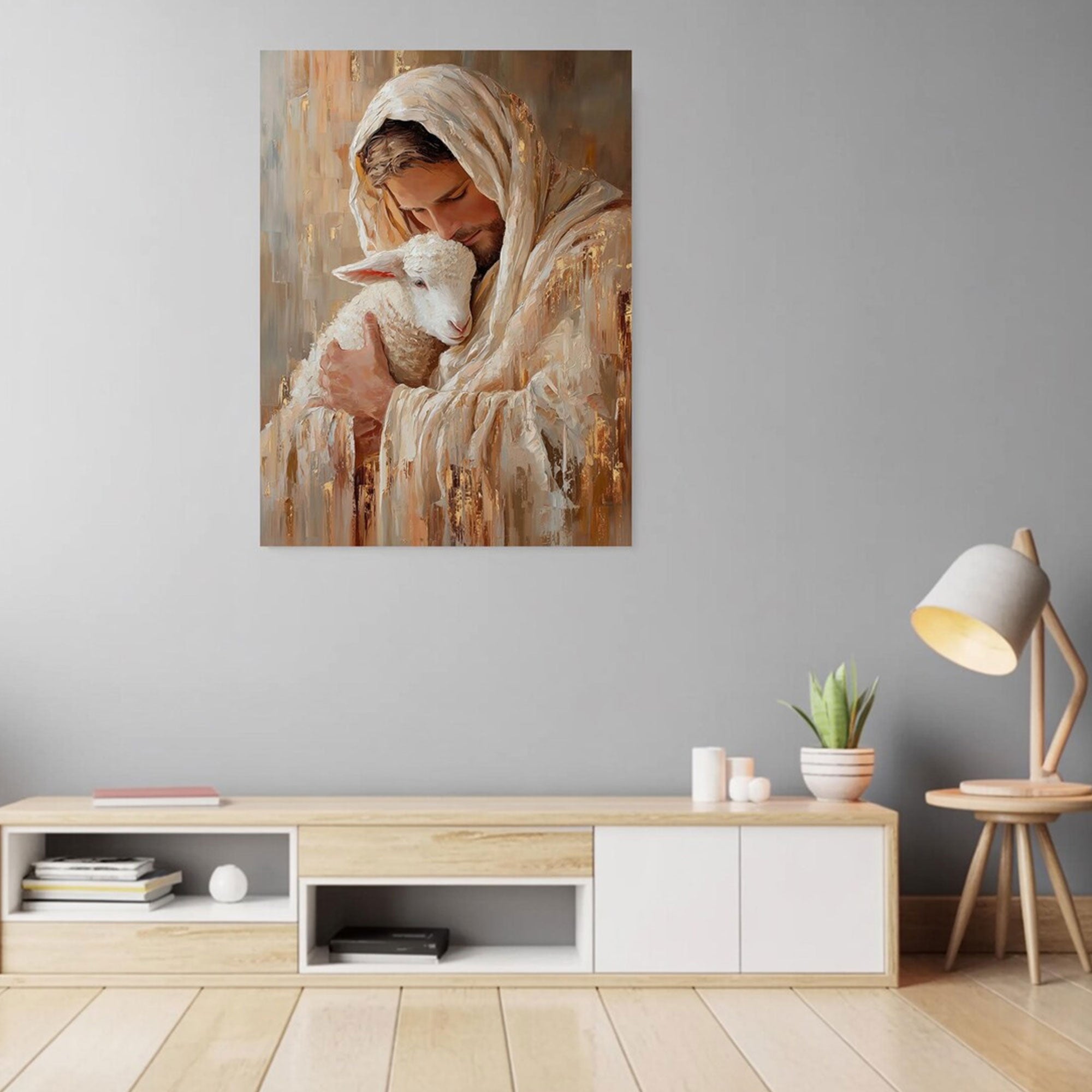Jesus Hugging Lamb Canvas Print, Christian Wall Art, Good Shepherd Artwork, Religious Home Decor Gift