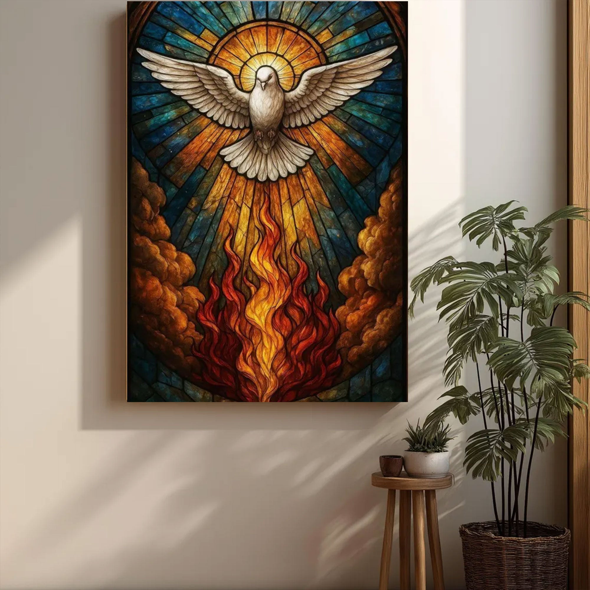 Spiritual Dove Canvas Wall Art, Stained Glass Style Holy Fire and Divine Light, Inspirational Christian Faith Home Decor