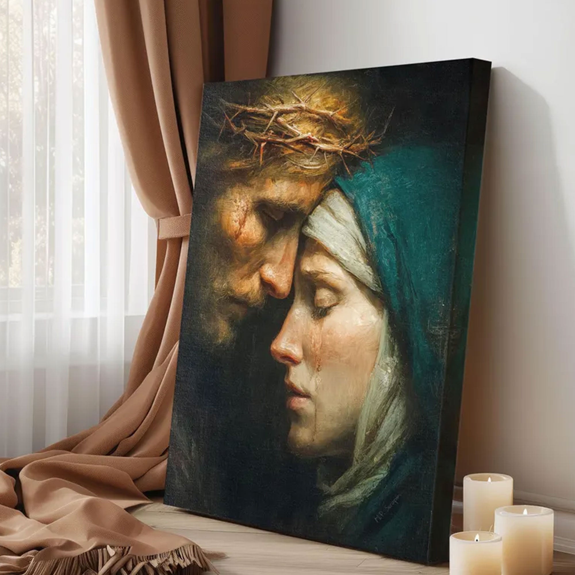Jesus Mary Embrace Canvas Print, Goodbye Mother Artwork, Catholic Comfort Gift