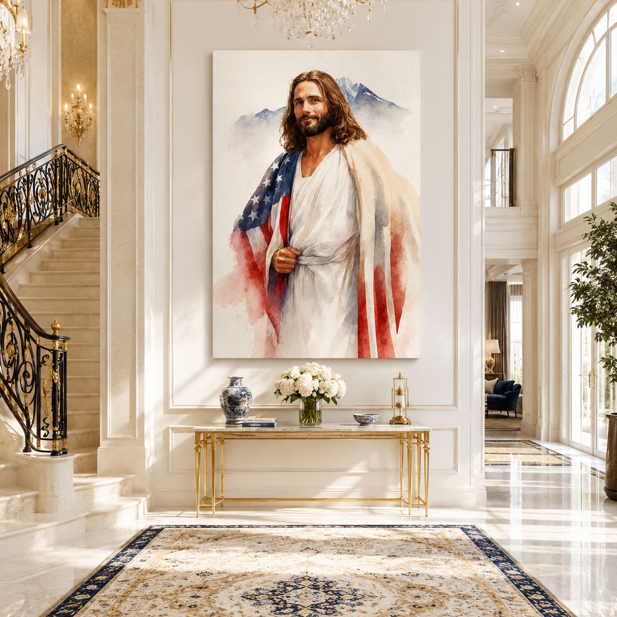 Jesus and American Flag Canvas Print, Patriotic Christian Wall Art, One Nation Under God Faith Home Decor
