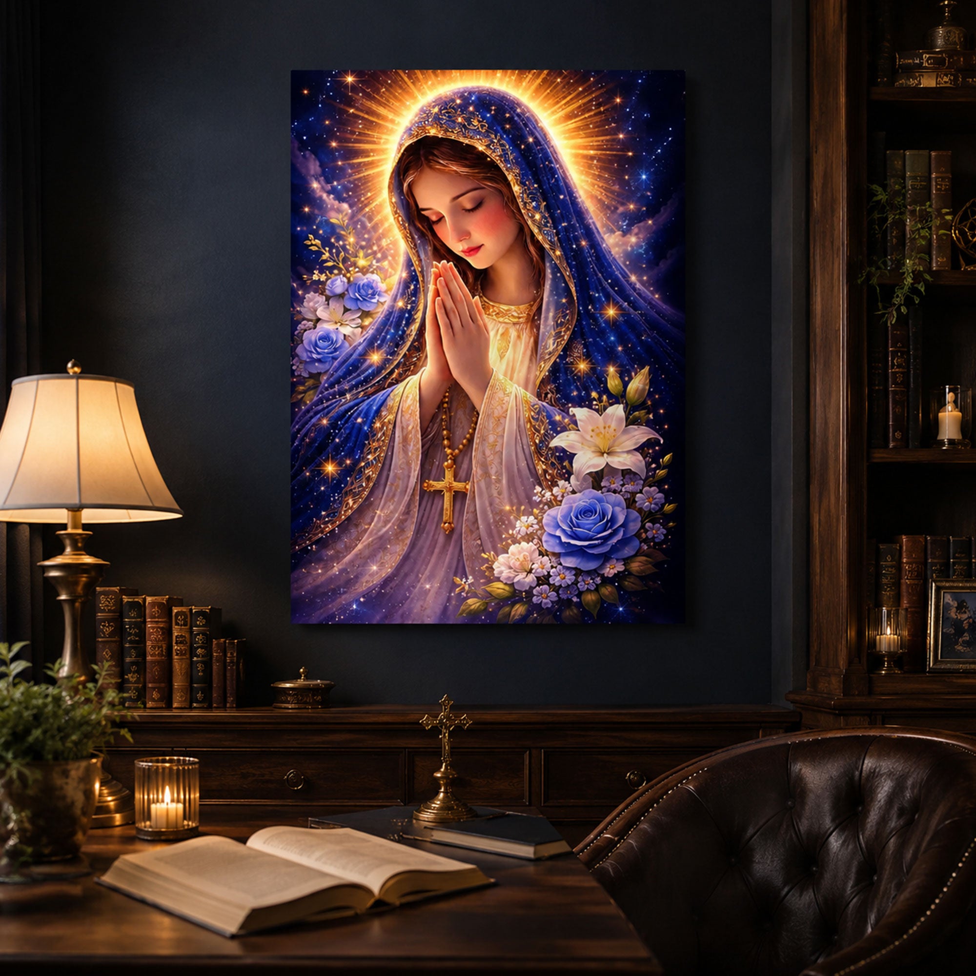 Radiant Virgin Mary Canvas Print, Celestial Christian Wall Art, Floral Catholic Faith Decor, Heavenly Madonna Artwork