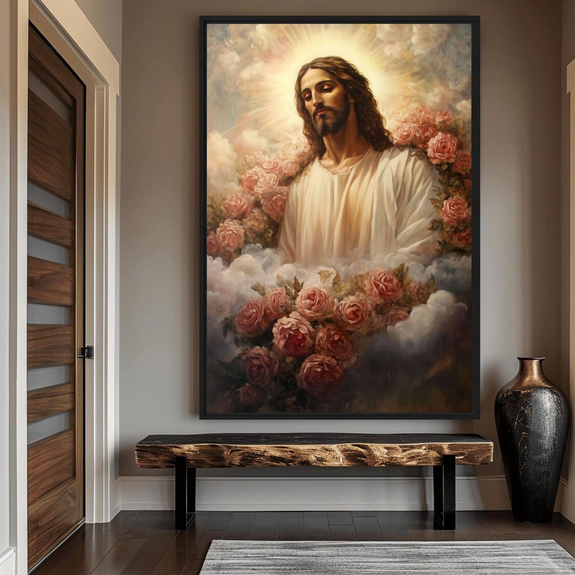 Jesus Christ in Flowers Framed Canvas Print, Religious Christian Wall Art, Peaceful Faith Home Decor