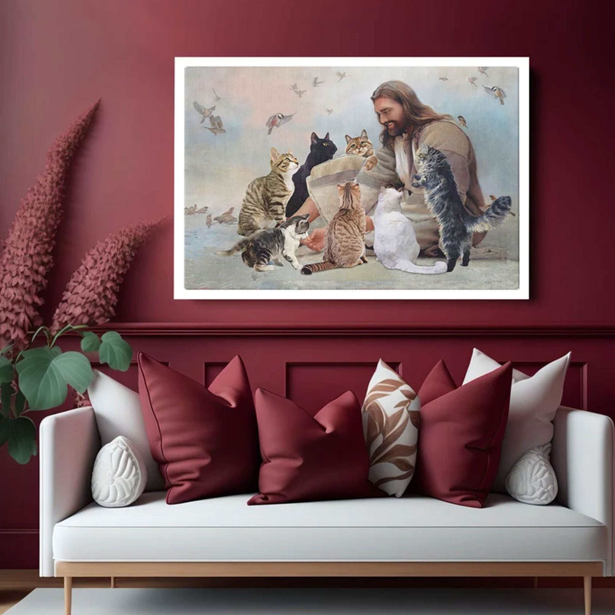 Jesus with Cats Canvas Art, Christian Landscape Wall Decor, Faith Inspired Pet Lover Gift