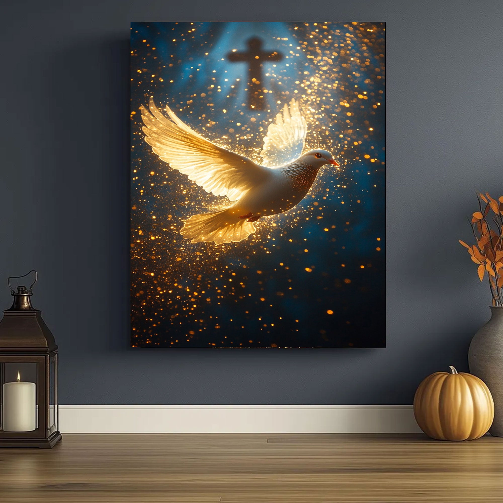 Light of the Spirit Canvas Print, Golden Dove and Cross Artwork, A Quiet Reminder of Faith, Presence, and Guidance
