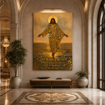 I Am the Light of the World Canvas Print, Golden Jesus Christian Wall Art, Inspirational Bible Verse Faith Decor