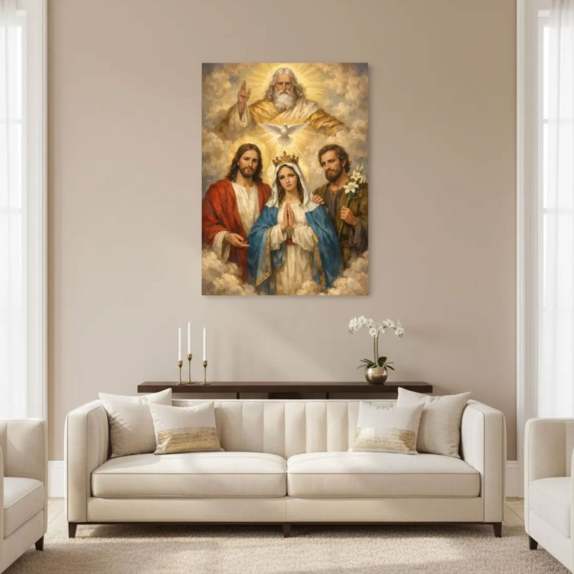 Catholic Holy Family Canvas Print, Virgin Mary Jesus and Joseph Wall Art, Sacred Christian Faith Home Decor