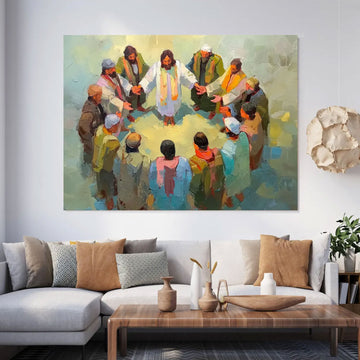 Jesus Praying with Disciples Expressionist Canvas Art, Christian Faith Wall Decor, Spiritual Religious Home Artwork
