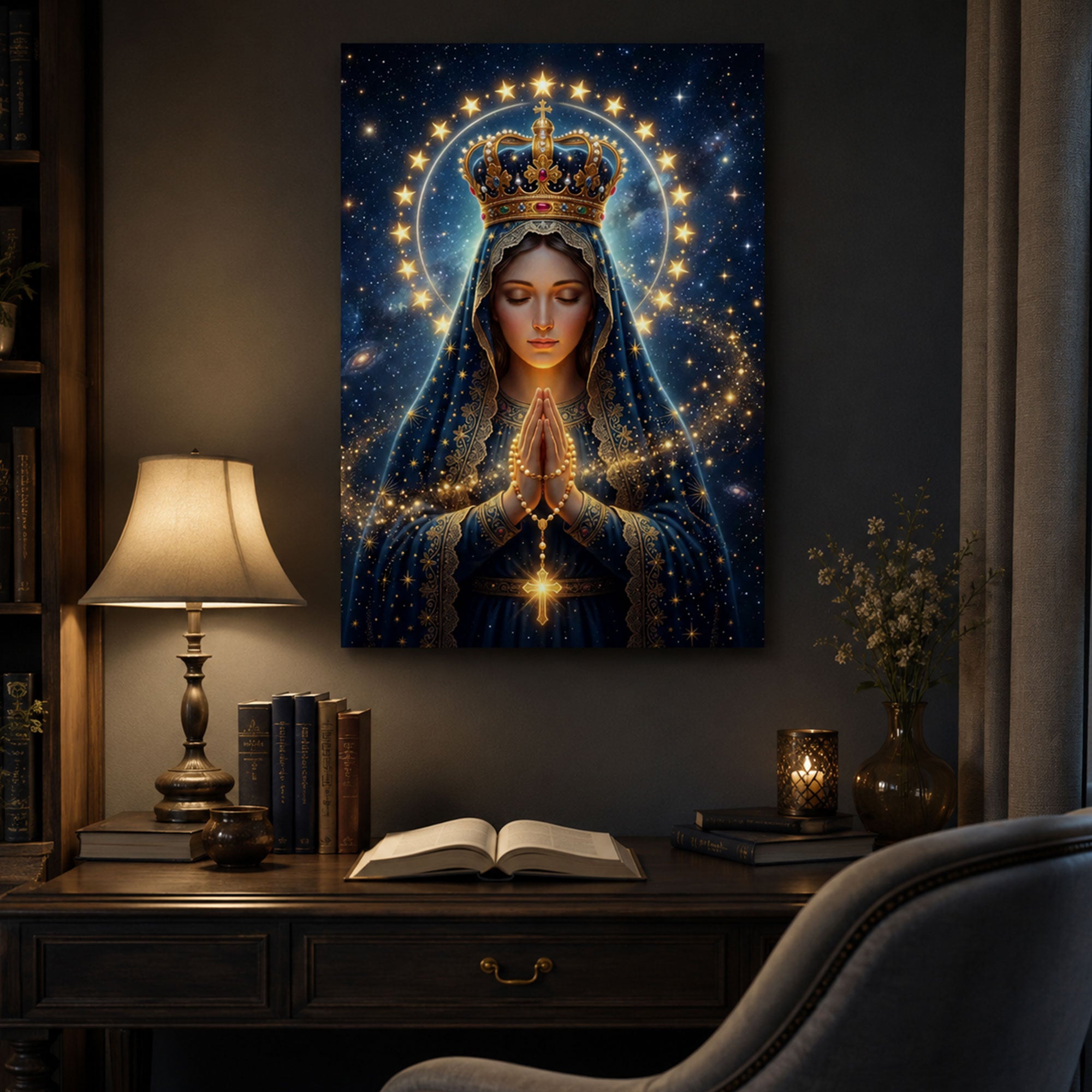 Queen of Heaven Virgin Mary Canvas Print, Celestial Catholic Wall Art, Crowned Madonna Faith Decor, Heavenly Christian Artwork