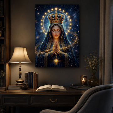 Queen of Heaven Virgin Mary Canvas Print, Celestial Catholic Wall Art, Crowned Madonna Faith Decor, Heavenly Christian Artwork