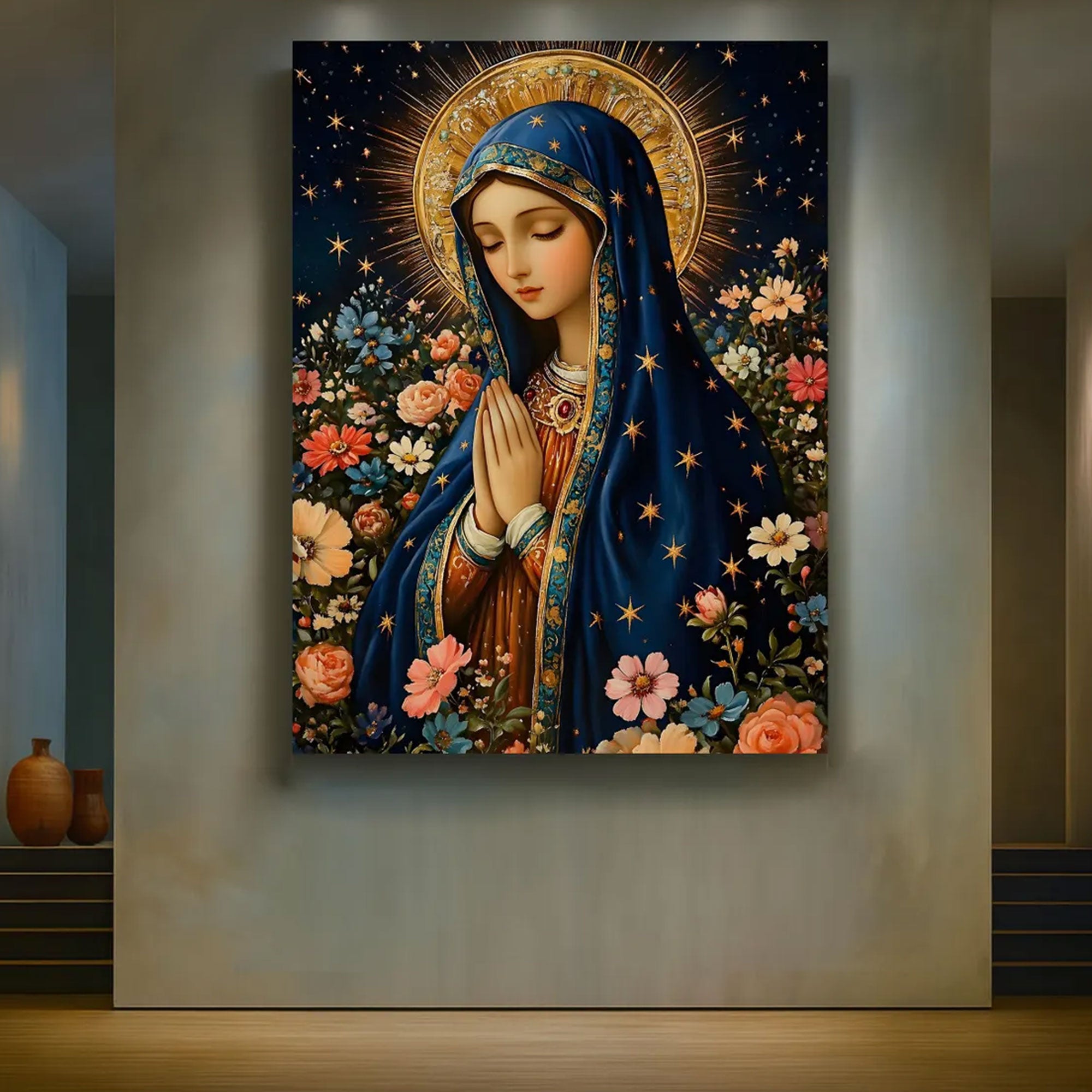 Virgin Mary Canvas Print, Starry Madonna Floral Wall Art, Catholic Home Decor, Blessed Mother Faith Artwork