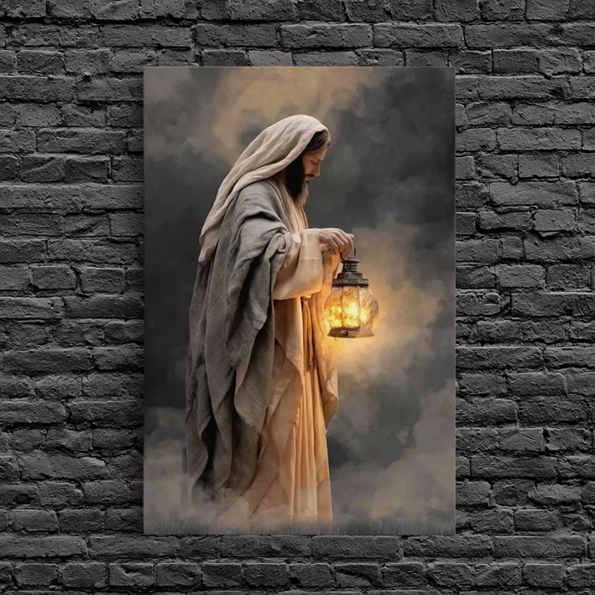 Guiding Lantern Framed Canvas Print, Moody Christian Wall Art, Jesus Painting Faith Home Decor