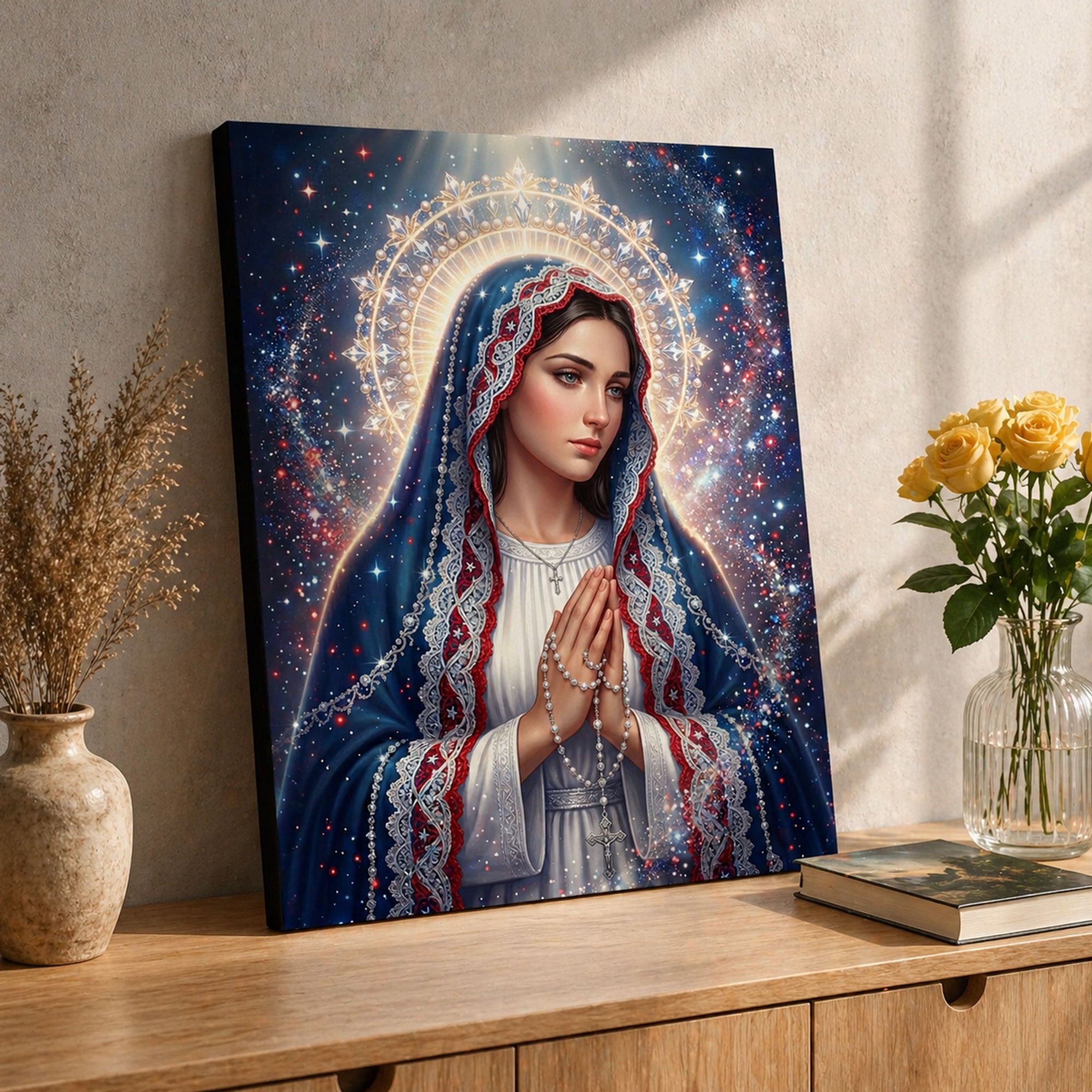 Praying Virgin Mary Canvas Print, Rosary Madonna Wall Art, Starry Sky Catholic Decor, Red White Blue Faith Artwork